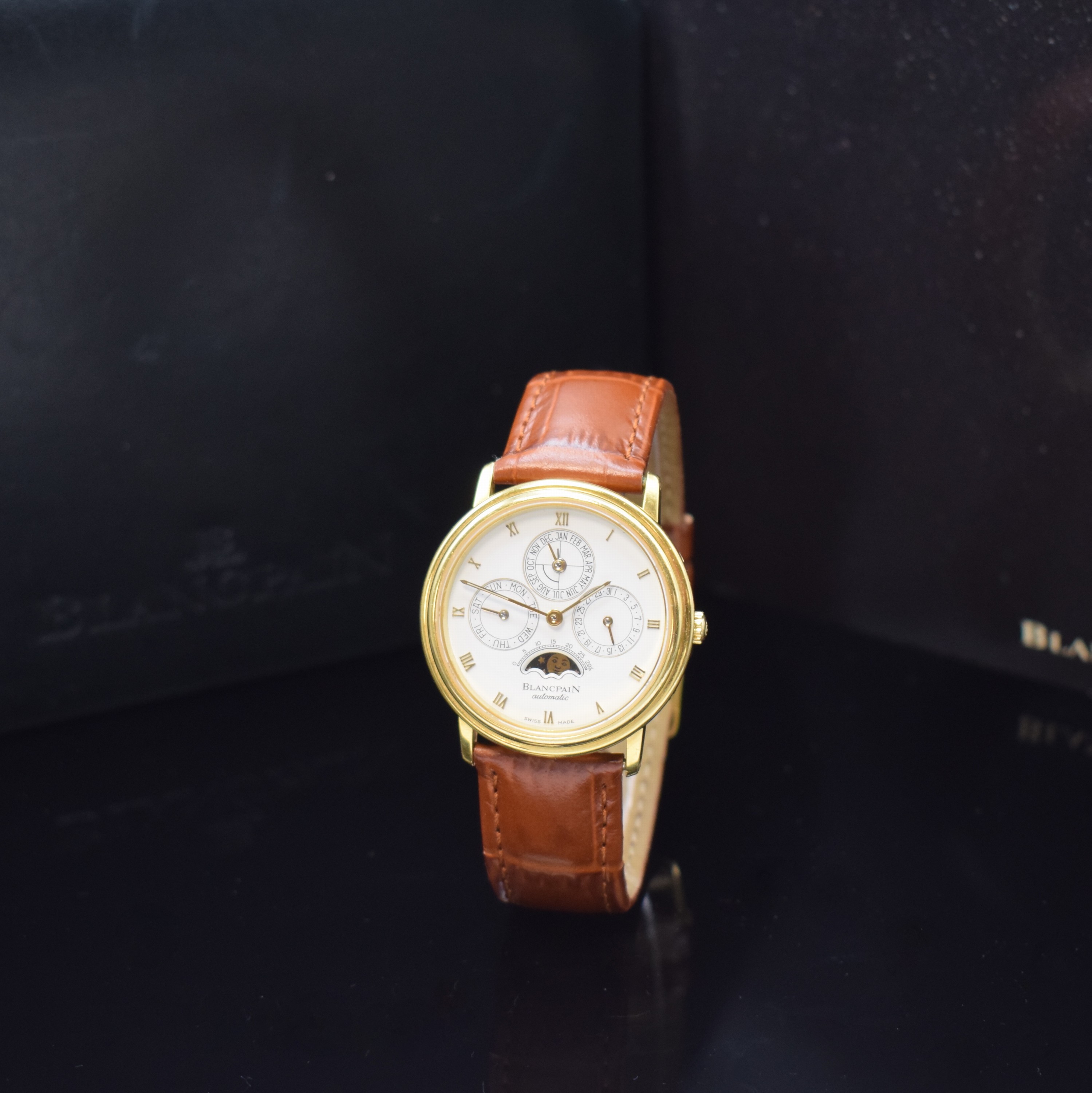 BLANCPAIN Villeret Armbanduhr mit "Ewigem Kalender" Referenz 5495 in GG 750/000, Schweiz verk. lt. beil. Garantie 08/1990, Automatik, ...
