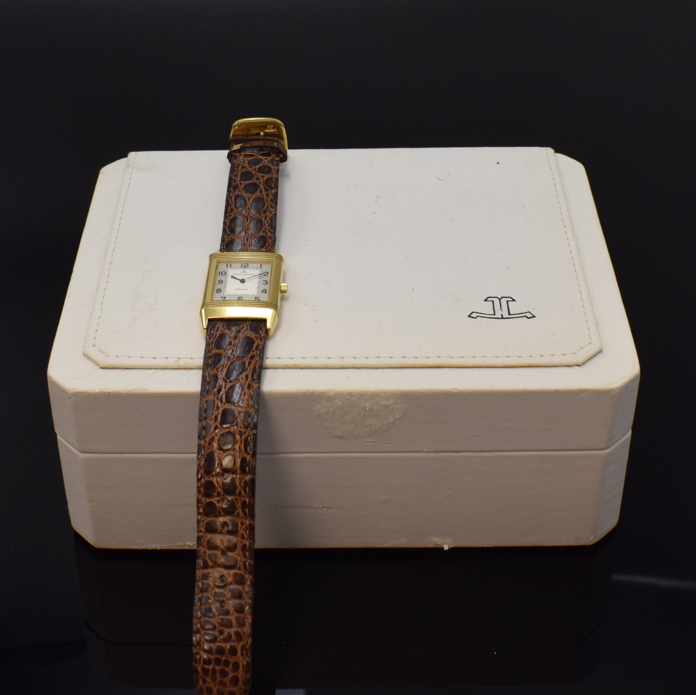 Detail g: Jaeger-LeCoultre Armbanduhr Reverso Classique Referenz 250.1.86 in GG 750/000, Schweiz um 1995, Handaufzug, um 180 Grad drehbares Wendegeh. inkl. ...