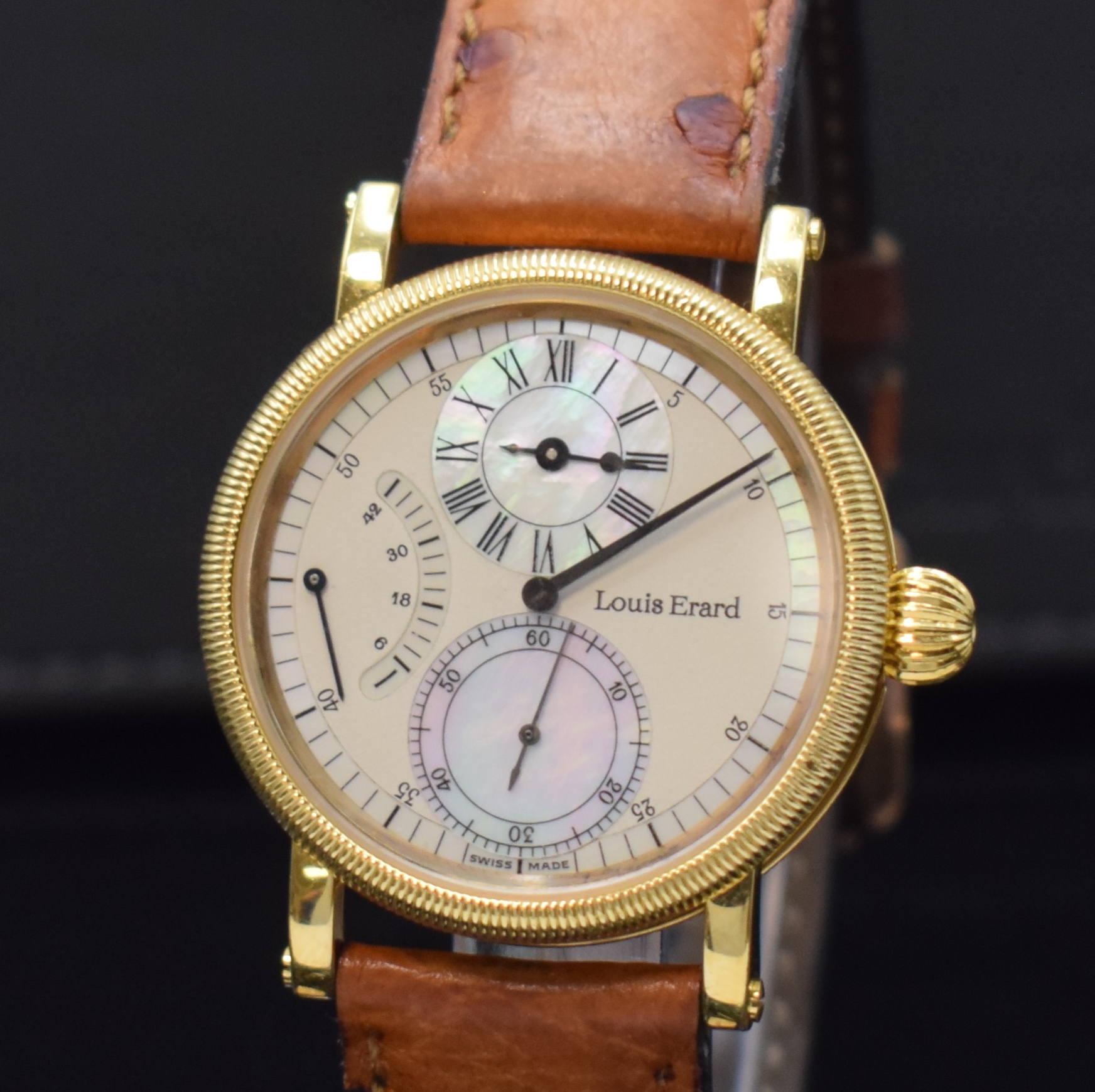 Detail a: LOUIS ERARD Herrenarmbanduhr La Longue Ligne, Schweiz um 1995, Handaufzug, verg. Geh. beids. vergl., orig. Lederband m. orig. Dornschl., Boden 4-fach ...