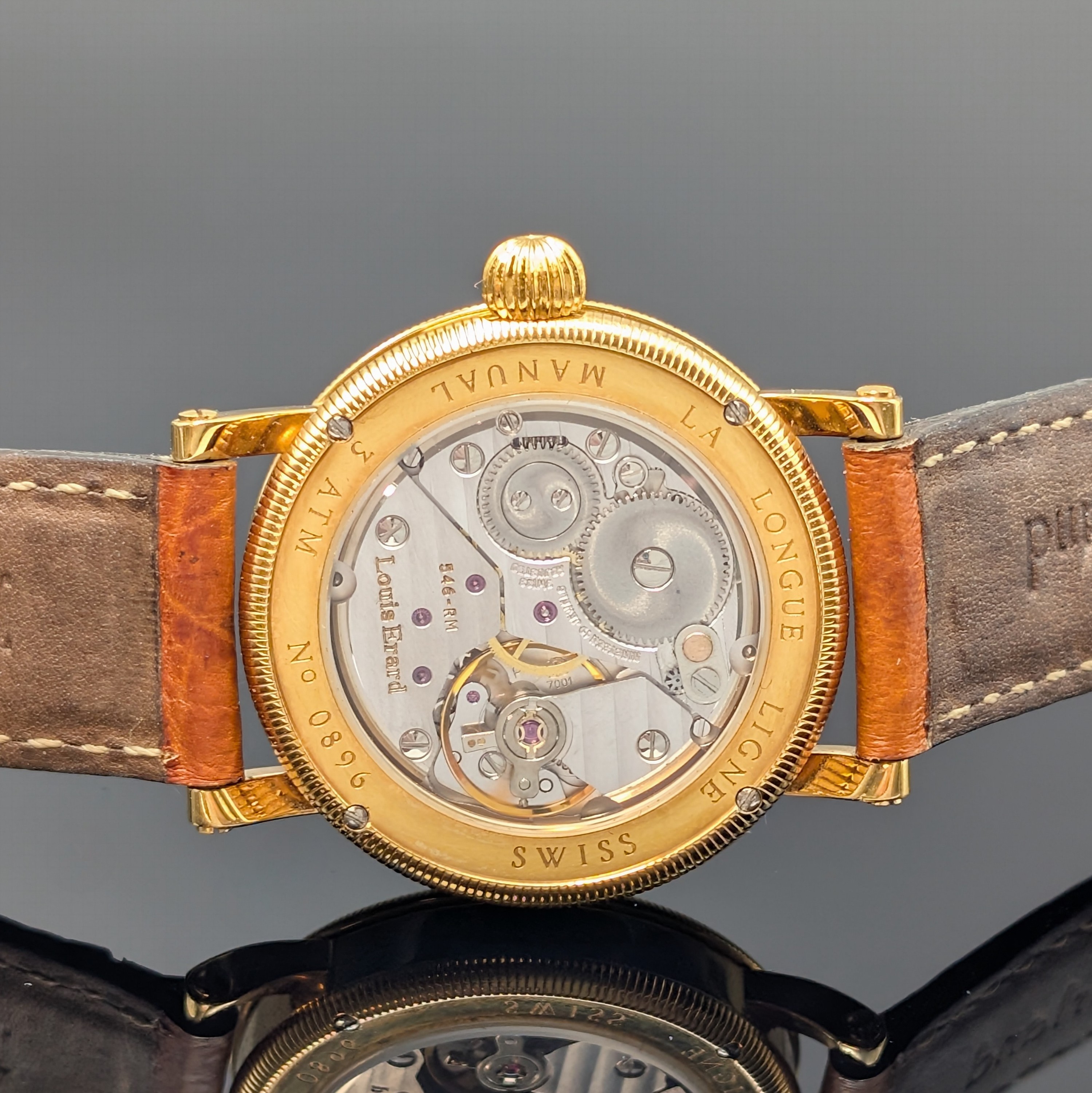 Detail d: LOUIS ERARD Herrenarmbanduhr La Longue Ligne, Schweiz um 1995, Handaufzug, verg. Geh. beids. vergl., orig. Lederband m. orig. Dornschl., Boden 4-fach ...
