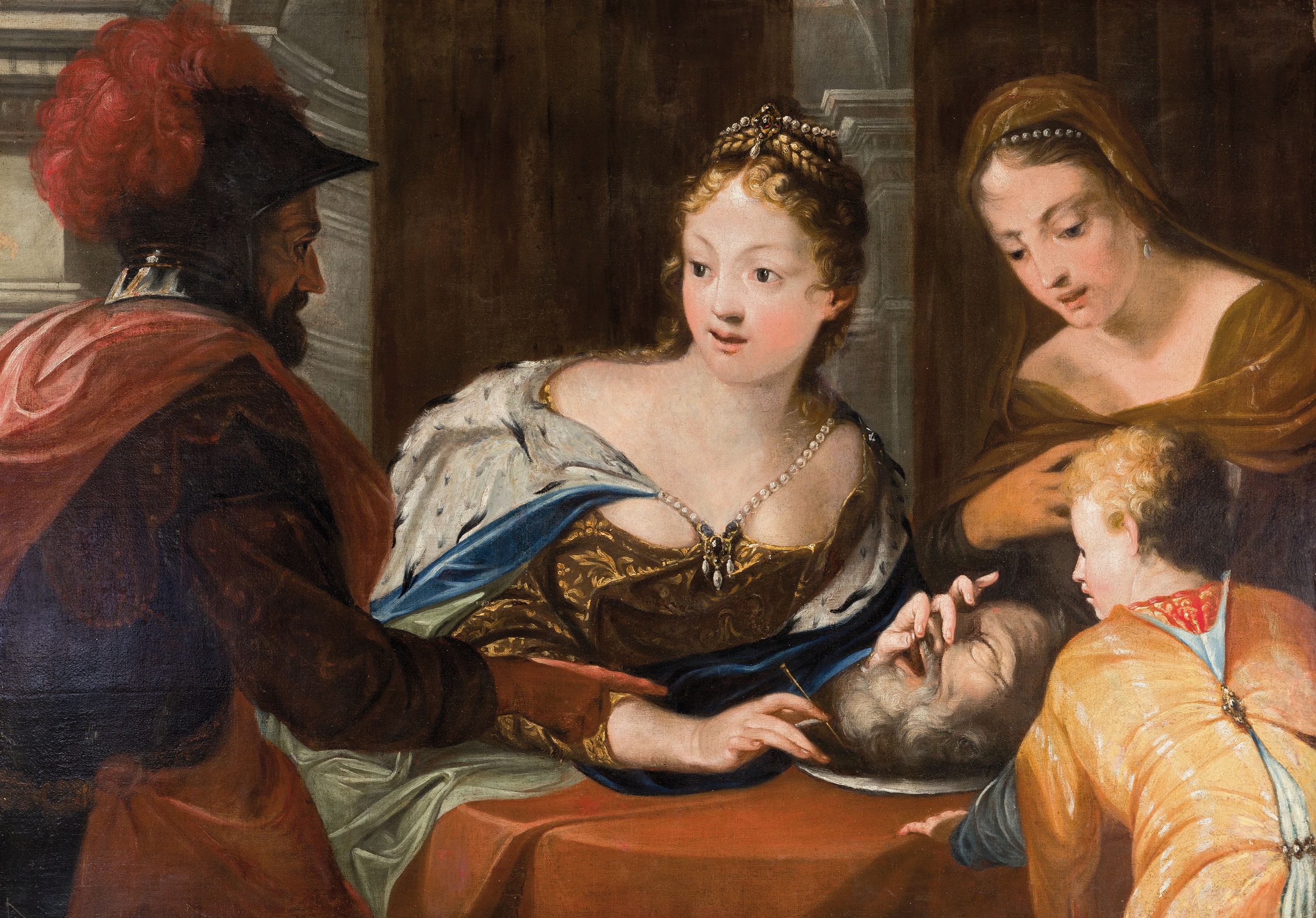 Unbekannter Künstler des 19. Jahrhunderts, Salome mit dem Haupt des Johannes, Öl/Lwd, wachsdoubliert, ca. 86x120cm, R. ca. 105139cm