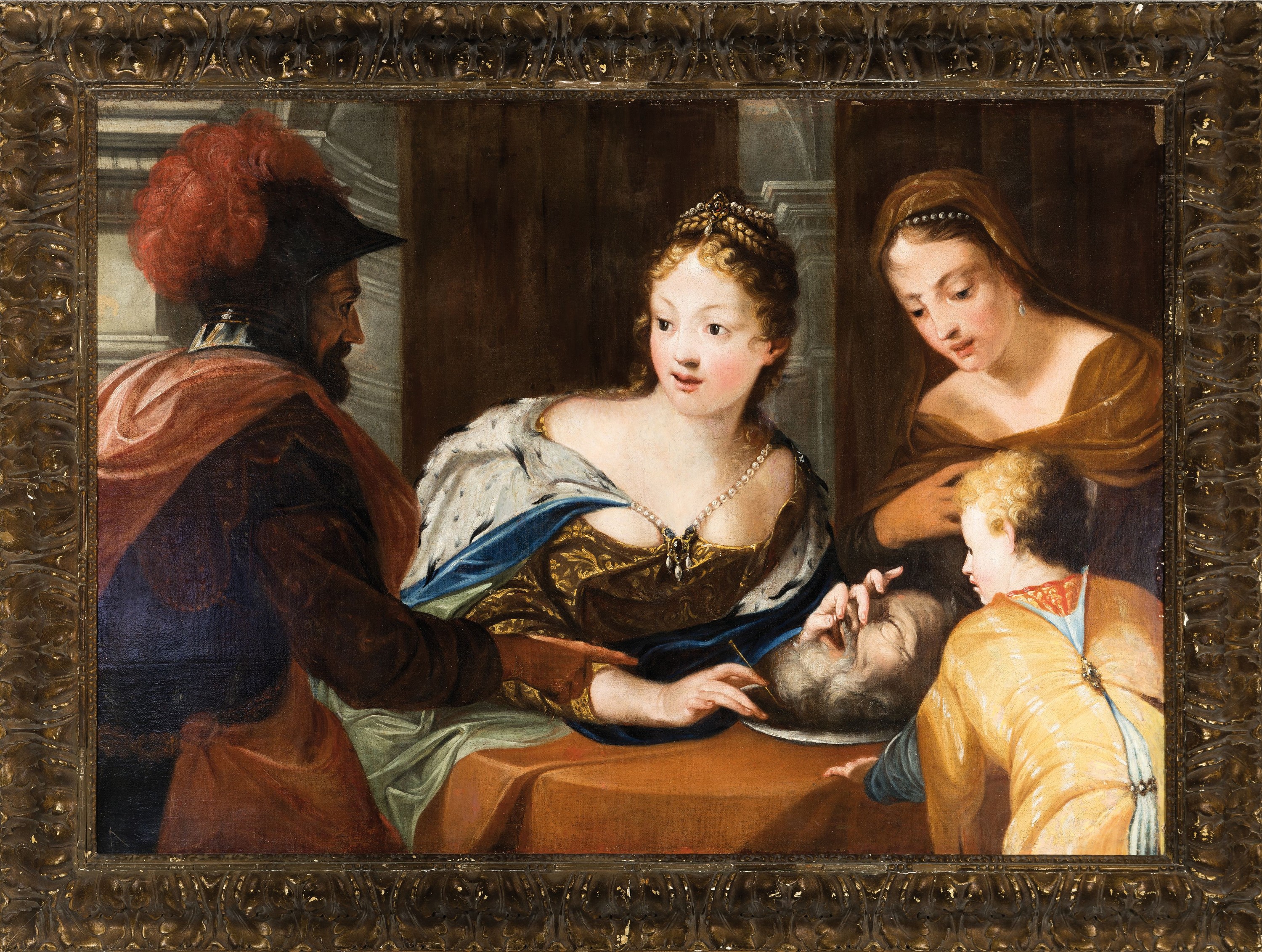Detail k: Unbekannter Künstler des 19. Jahrhunderts, Salome mit dem Haupt des Johannes, Öl/Lwd, wachsdoubliert, ca. 86x120cm, R. ca. 105139cm
