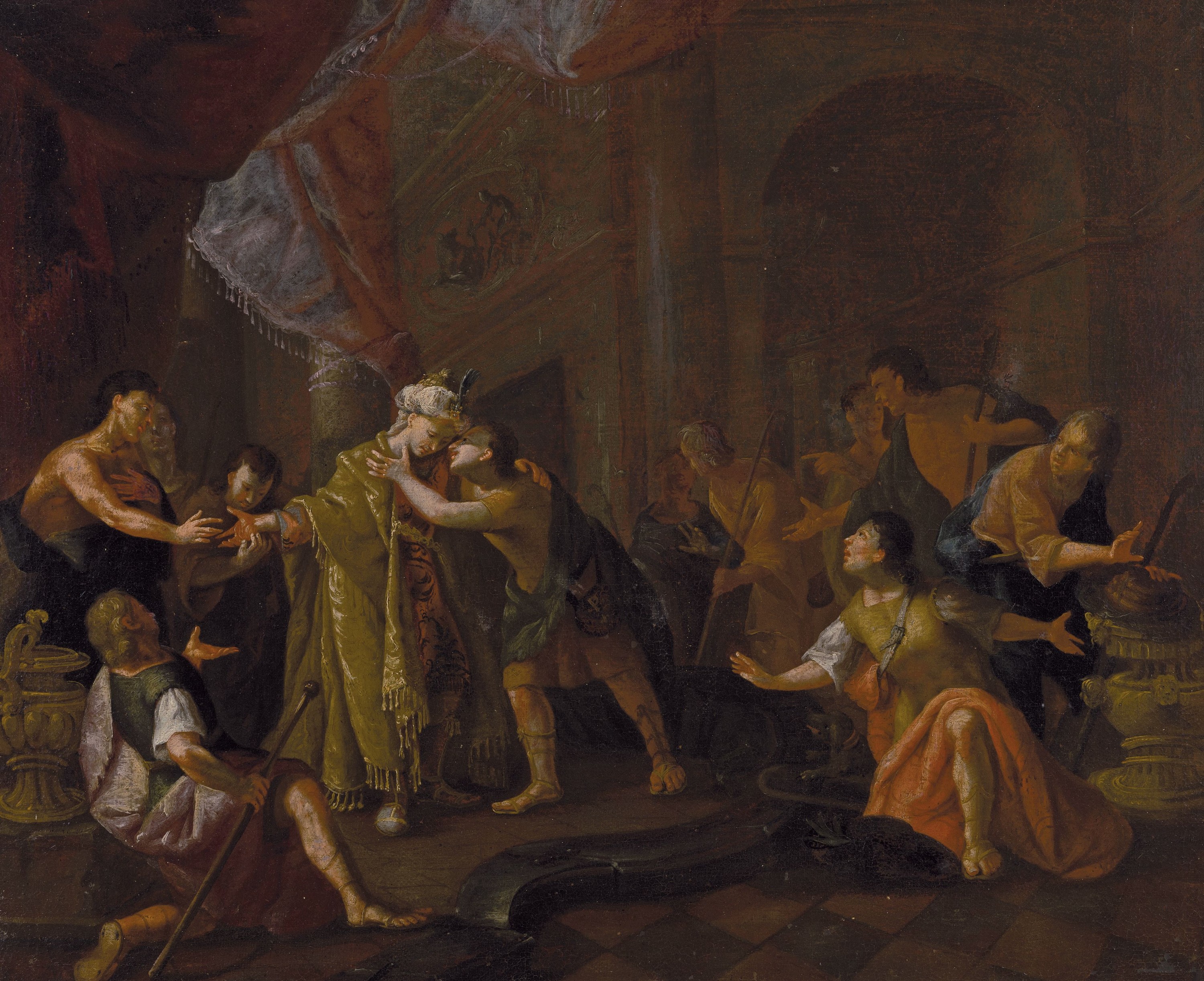 Unbekannter Künstler des 18. Jh., Joseph gibt sich seinen Brüdern zu erkennen, Öl/Lwd, altersbedingt krakeliert, ca. 64x77cm, R. ca. 76x89cm