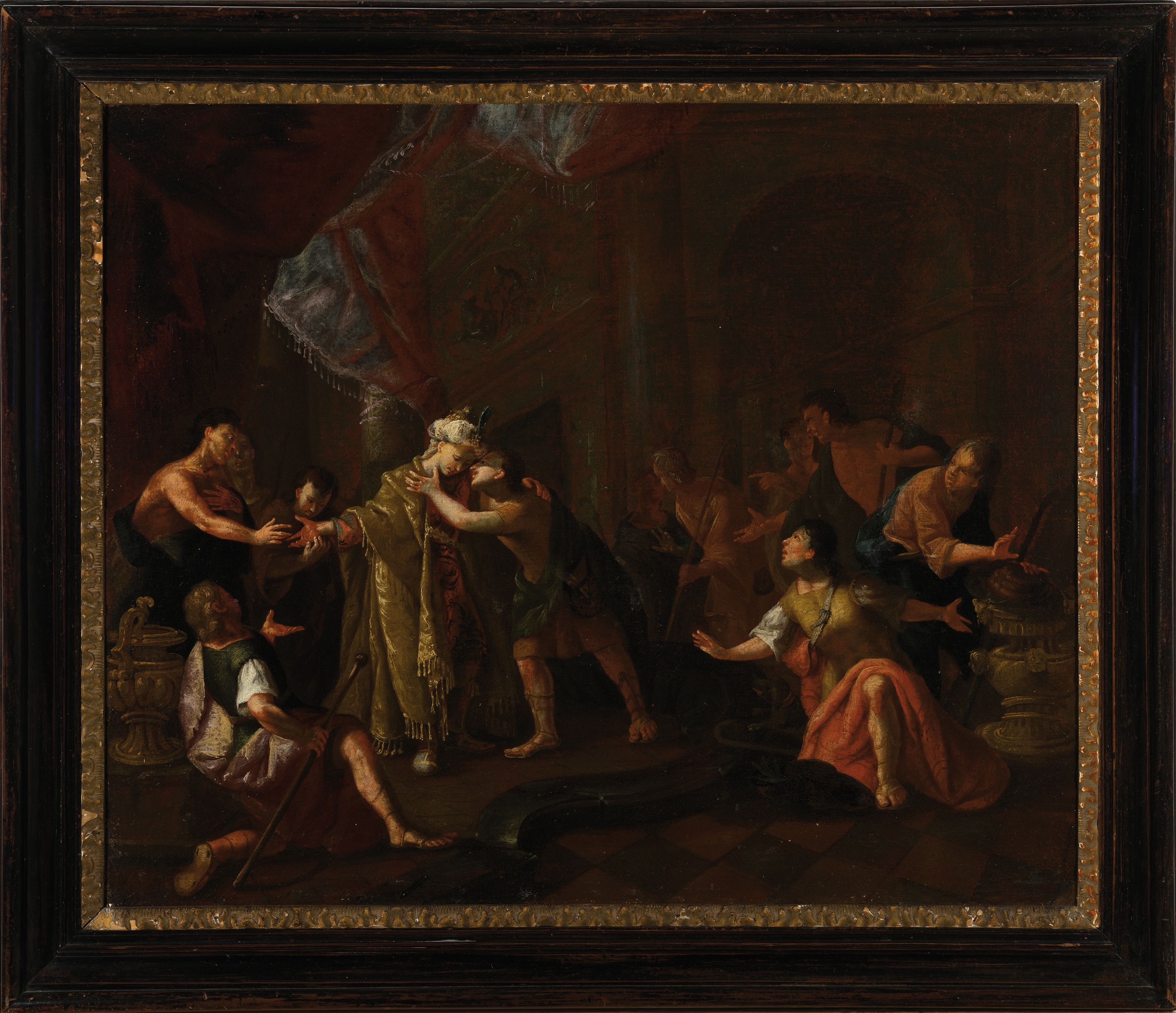 Detail k: Unbekannter Künstler des 18. Jh., Joseph gibt sich seinen Brüdern zu erkennen, Öl/Lwd, altersbedingt krakeliert, ca. 64x77cm, R. ca. 76x89cm