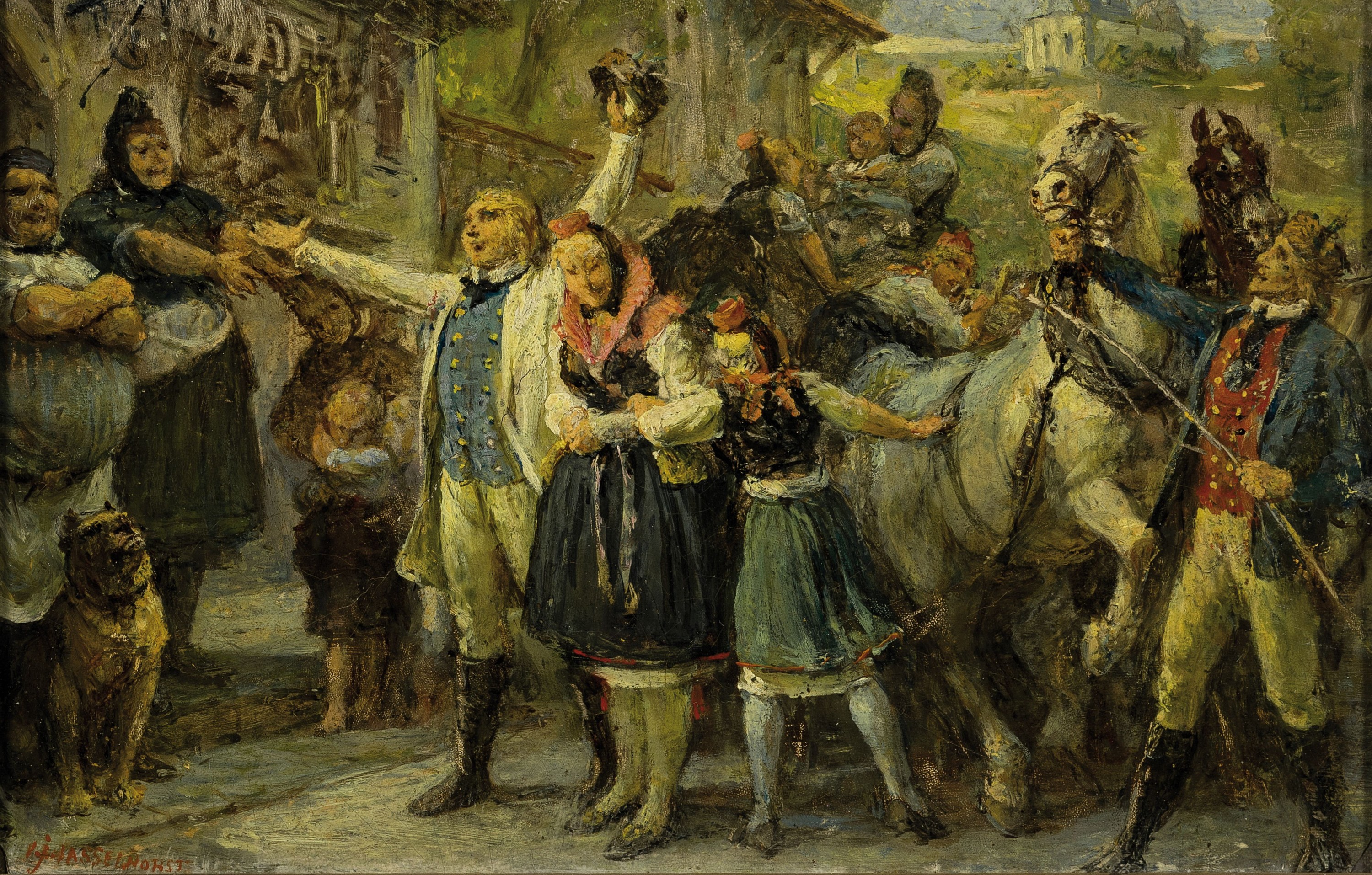 Johann Heinrich Hasselhorst, 1825-1904 Frankfurt /Main, Schwälmer Hochzeitszug mit Publikum, links unten signiert in rot, verso Nachlaßstempel, ...