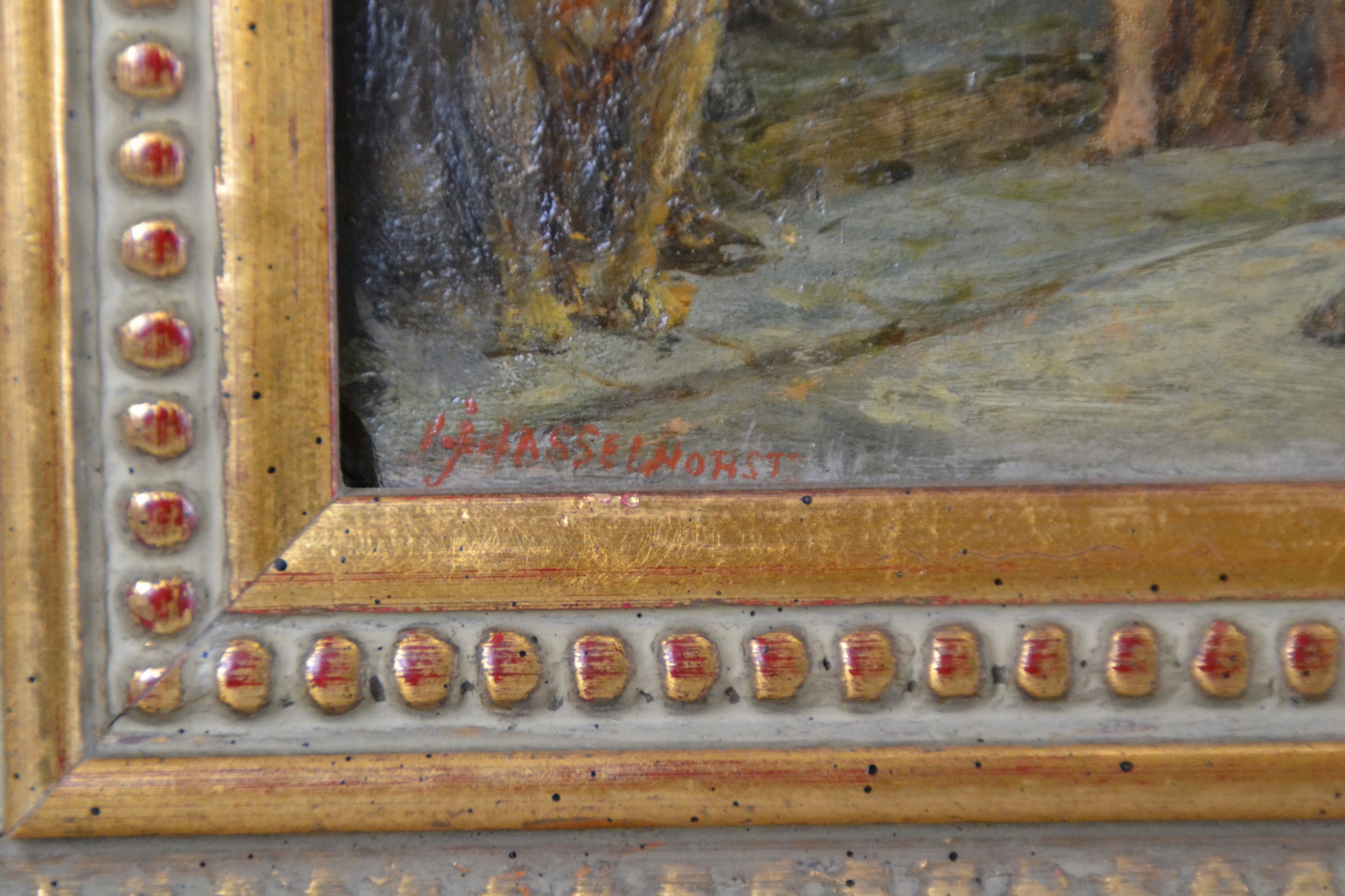 Detail b: Johann Heinrich Hasselhorst, 1825-1904 Frankfurt /Main, Schwälmer Hochzeitszug mit Publikum, links unten signiert in rot, verso Nachlaßstempel, ...