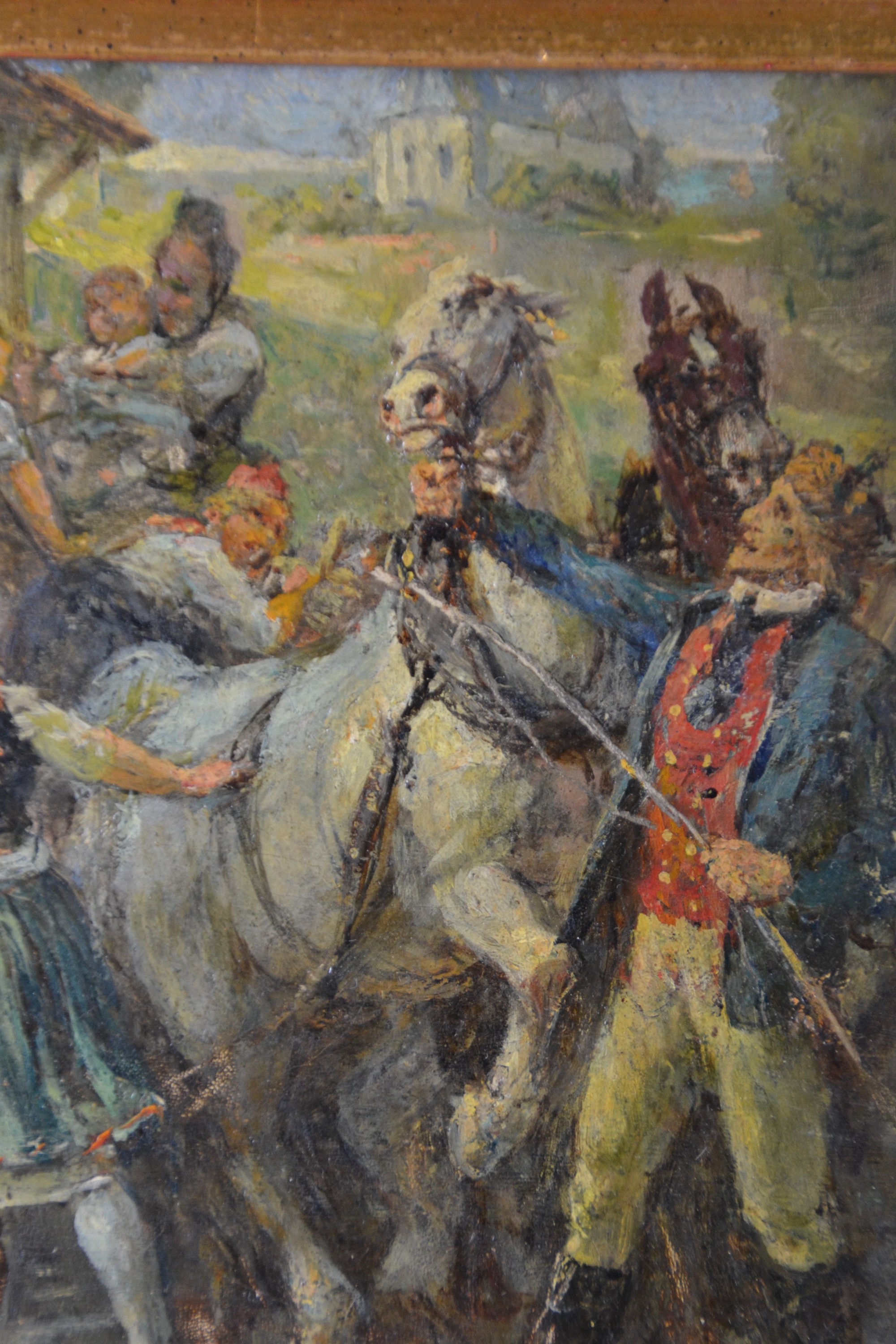 Detail d: Johann Heinrich Hasselhorst, 1825-1904 Frankfurt /Main, Schwälmer Hochzeitszug mit Publikum, links unten signiert in rot, verso Nachlaßstempel, ...