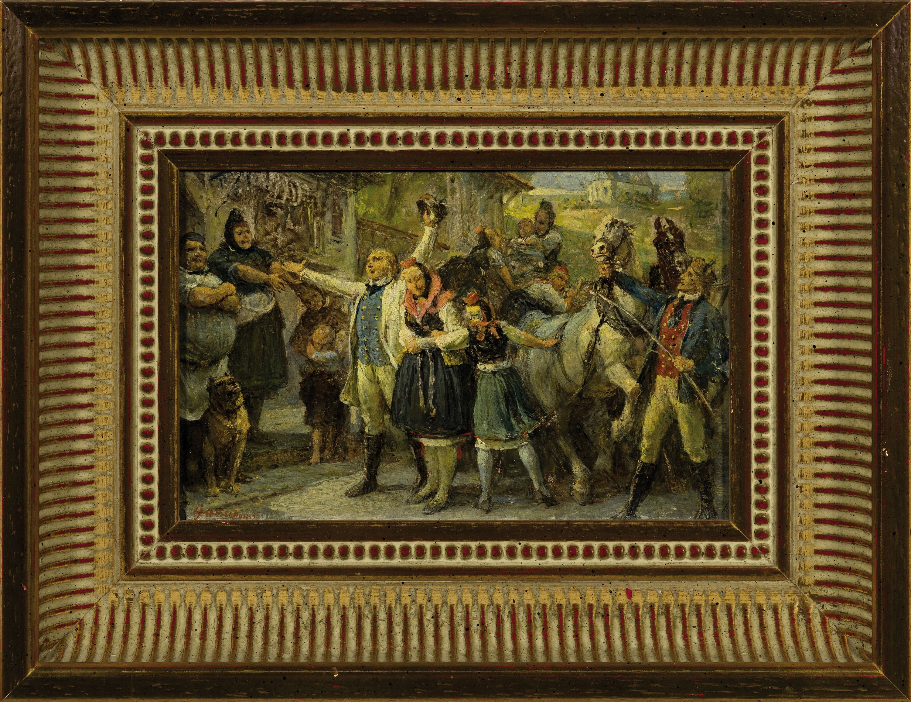 Detail k: Johann Heinrich Hasselhorst, 1825-1904 Frankfurt /Main, Schwälmer Hochzeitszug mit Publikum, links unten signiert in rot, verso Nachlaßstempel, ...