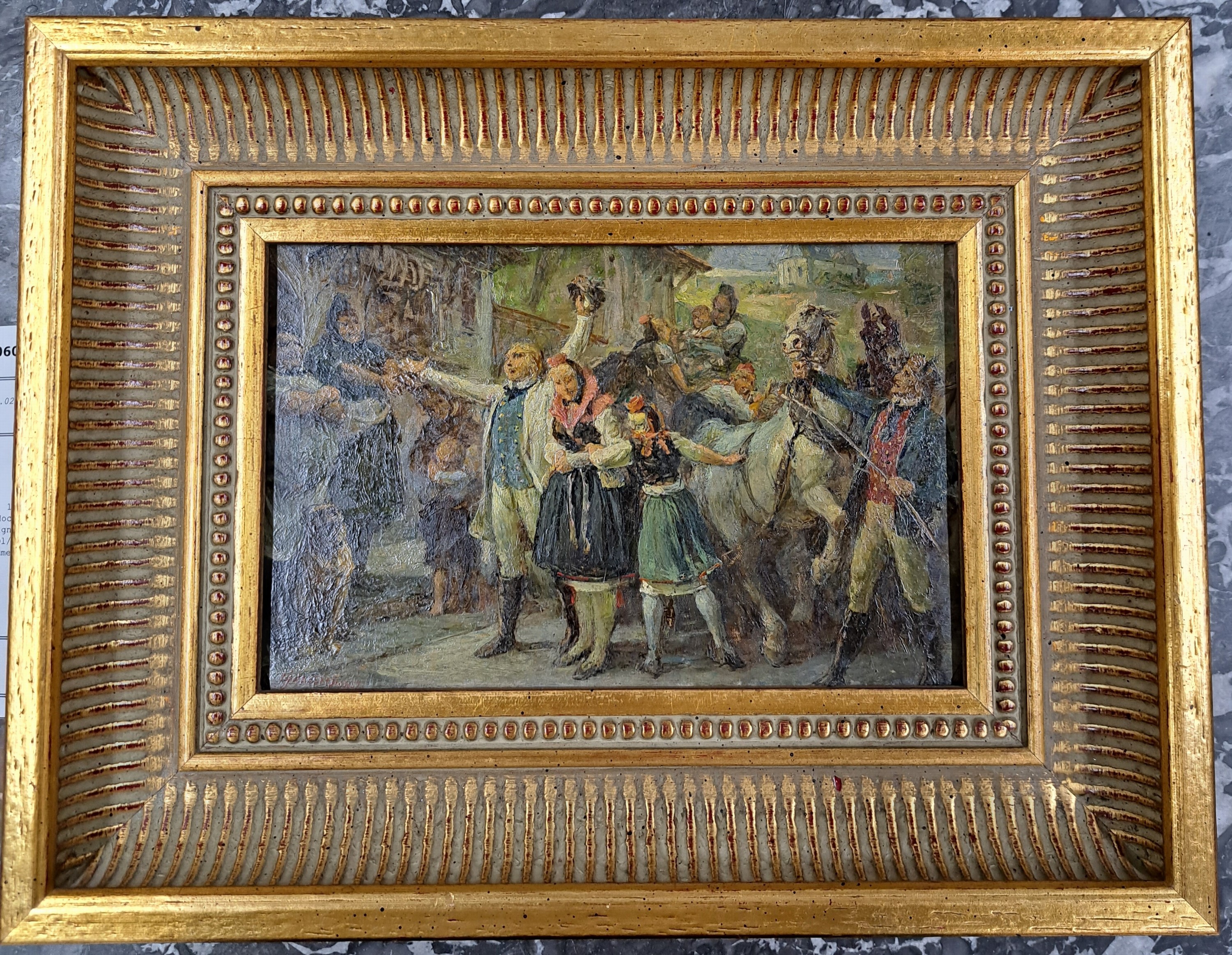 Detail l: Johann Heinrich Hasselhorst, 1825-1904 Frankfurt /Main, Schwälmer Hochzeitszug mit Publikum, links unten signiert in rot, verso Nachlaßstempel, ...