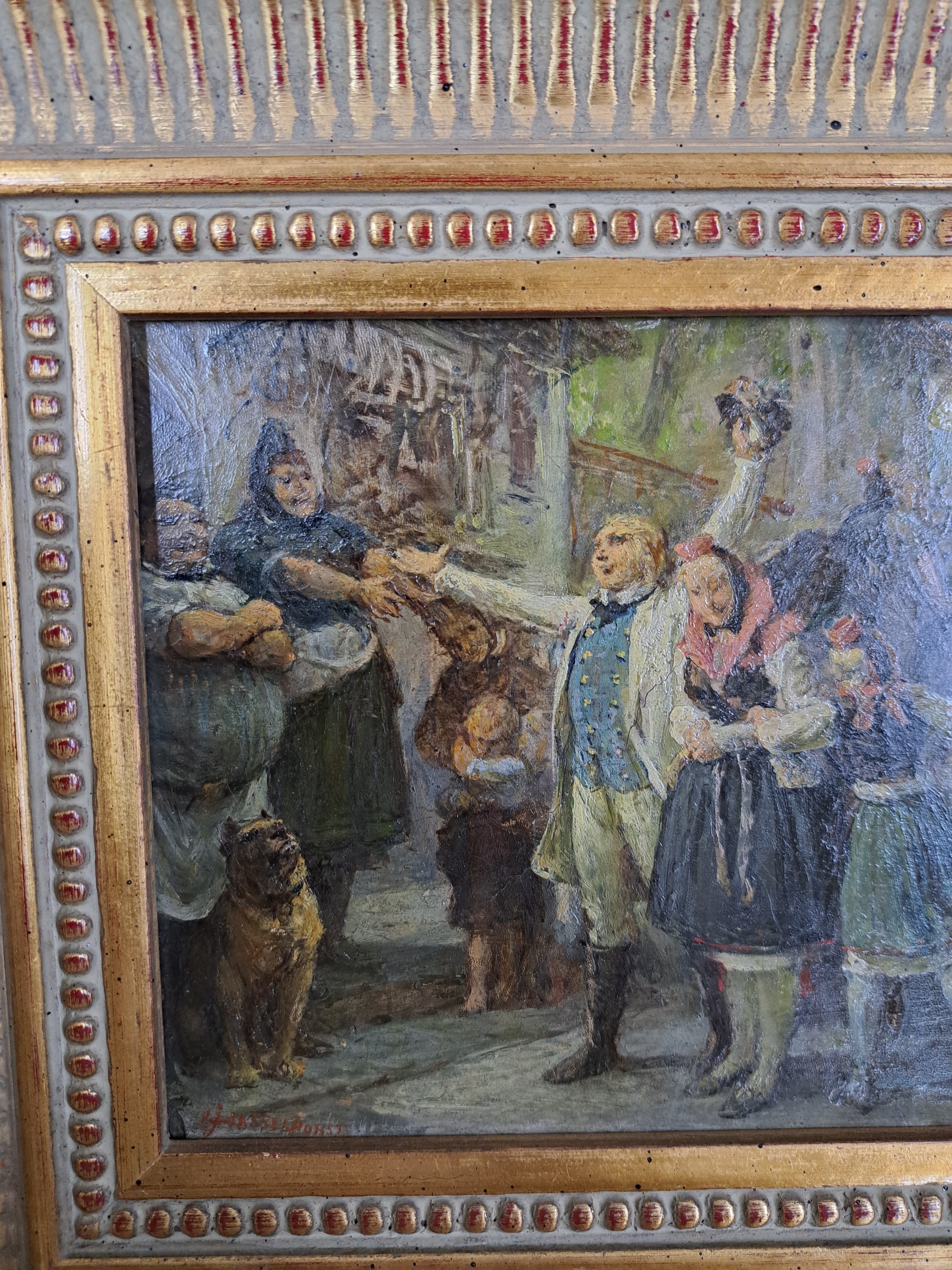 Detail m: Johann Heinrich Hasselhorst, 1825-1904 Frankfurt /Main, Schwälmer Hochzeitszug mit Publikum, links unten signiert in rot, verso Nachlaßstempel, ...