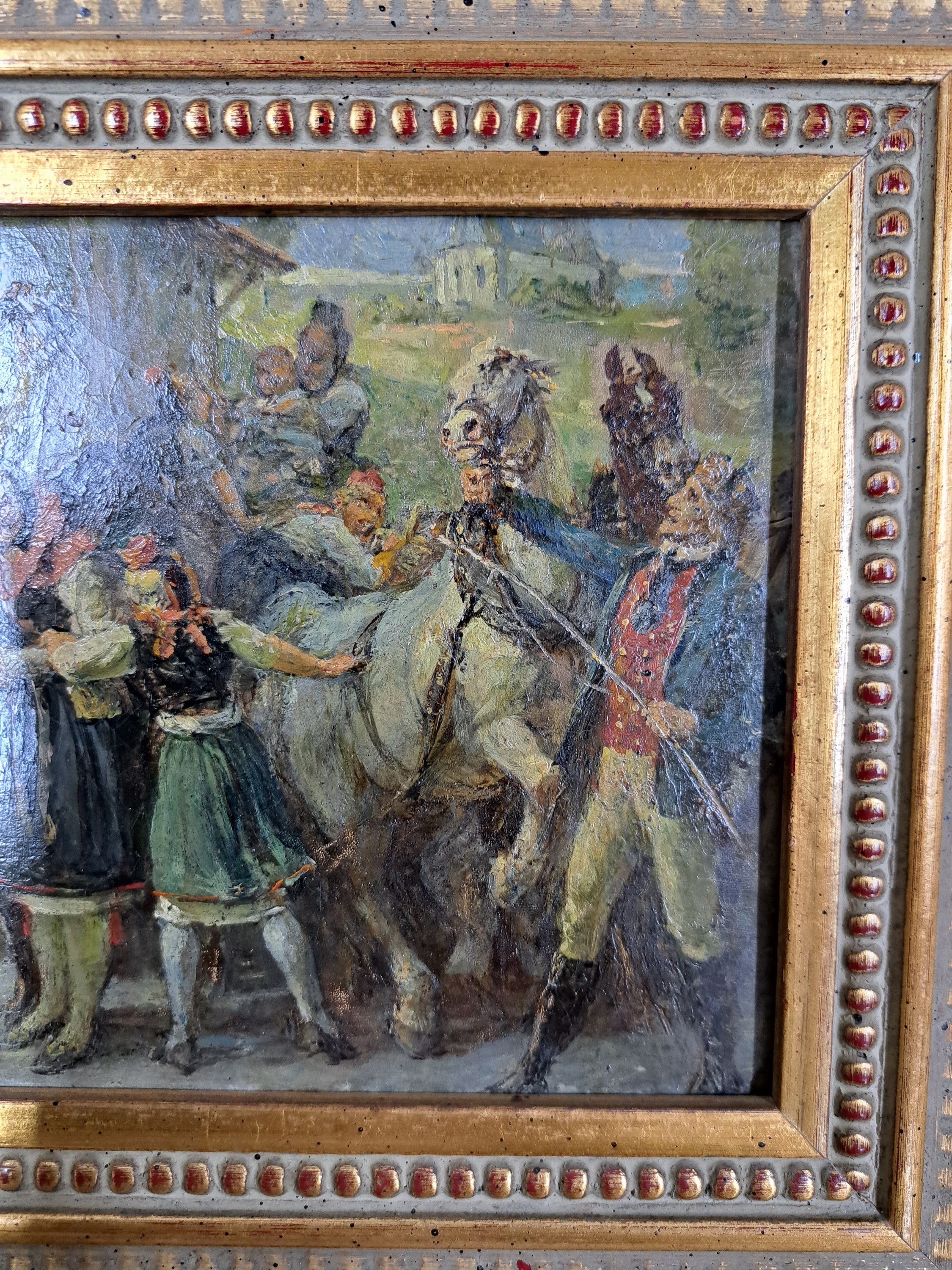Detail n: Johann Heinrich Hasselhorst, 1825-1904 Frankfurt /Main, Schwälmer Hochzeitszug mit Publikum, links unten signiert in rot, verso Nachlaßstempel, ...