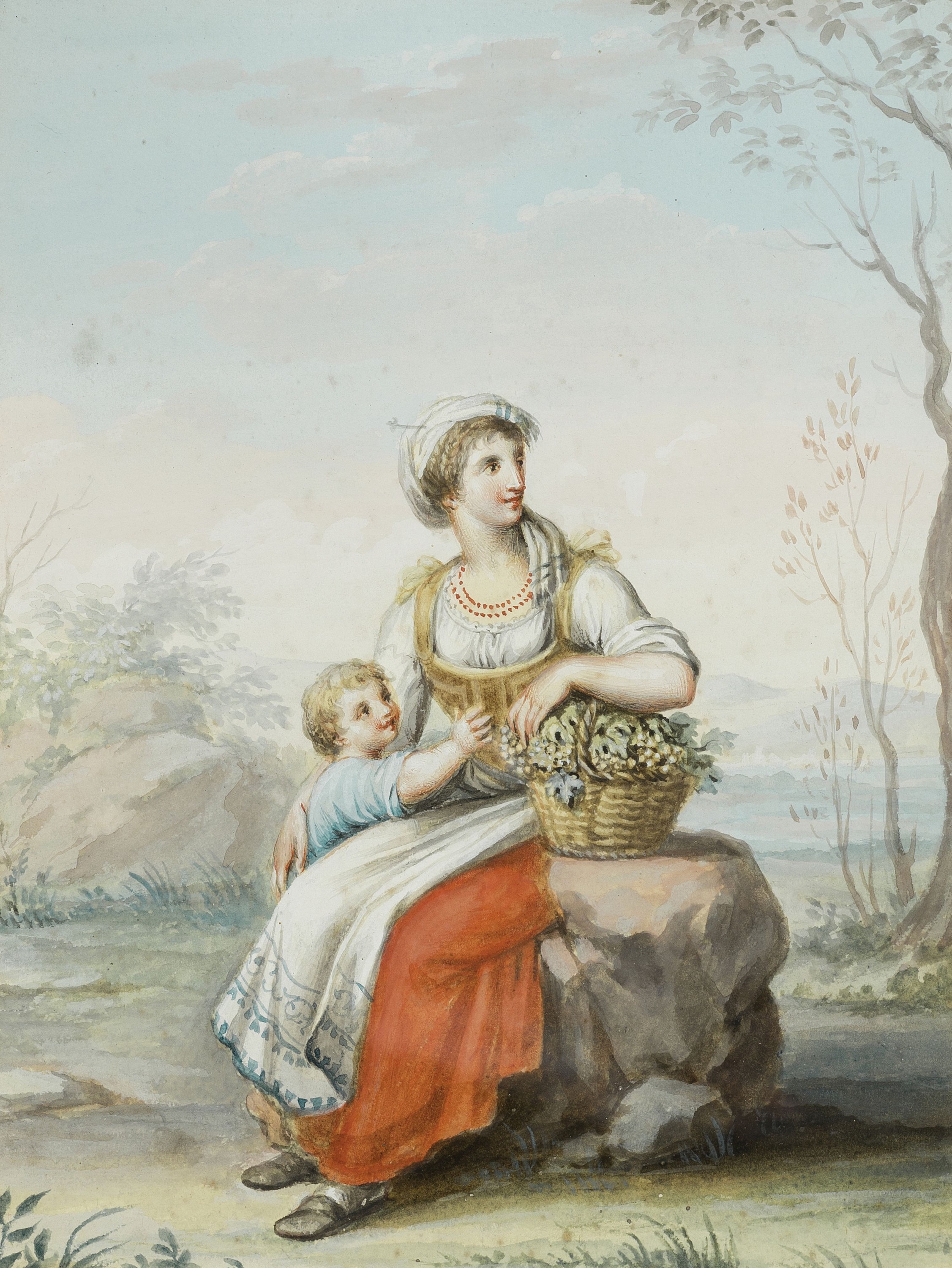 Unbekannter Künstler Anfang des 19.Jh., 2 Aquarelle, Trachtenbilder, Bauer mit Fellmantel und Hotte, Weinbäuerin mit Traubenkorb und kleinem Kind, ...