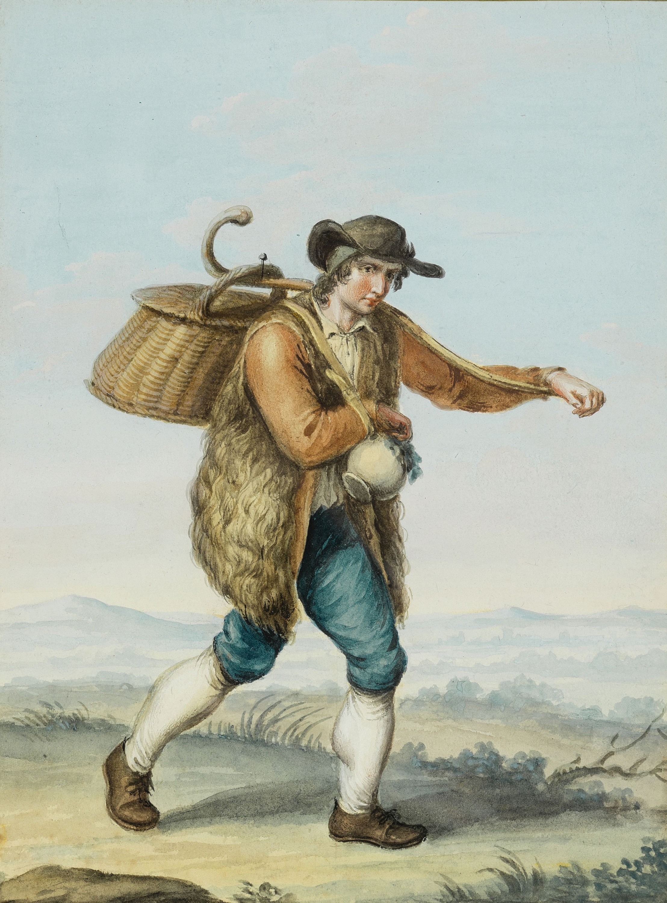 Detail a: Unbekannter Künstler Anfang des 19.Jh., 2 Aquarelle, Trachtenbilder, Bauer mit Fellmantel und Hotte, Weinbäuerin mit Traubenkorb und kleinem Kind, ...