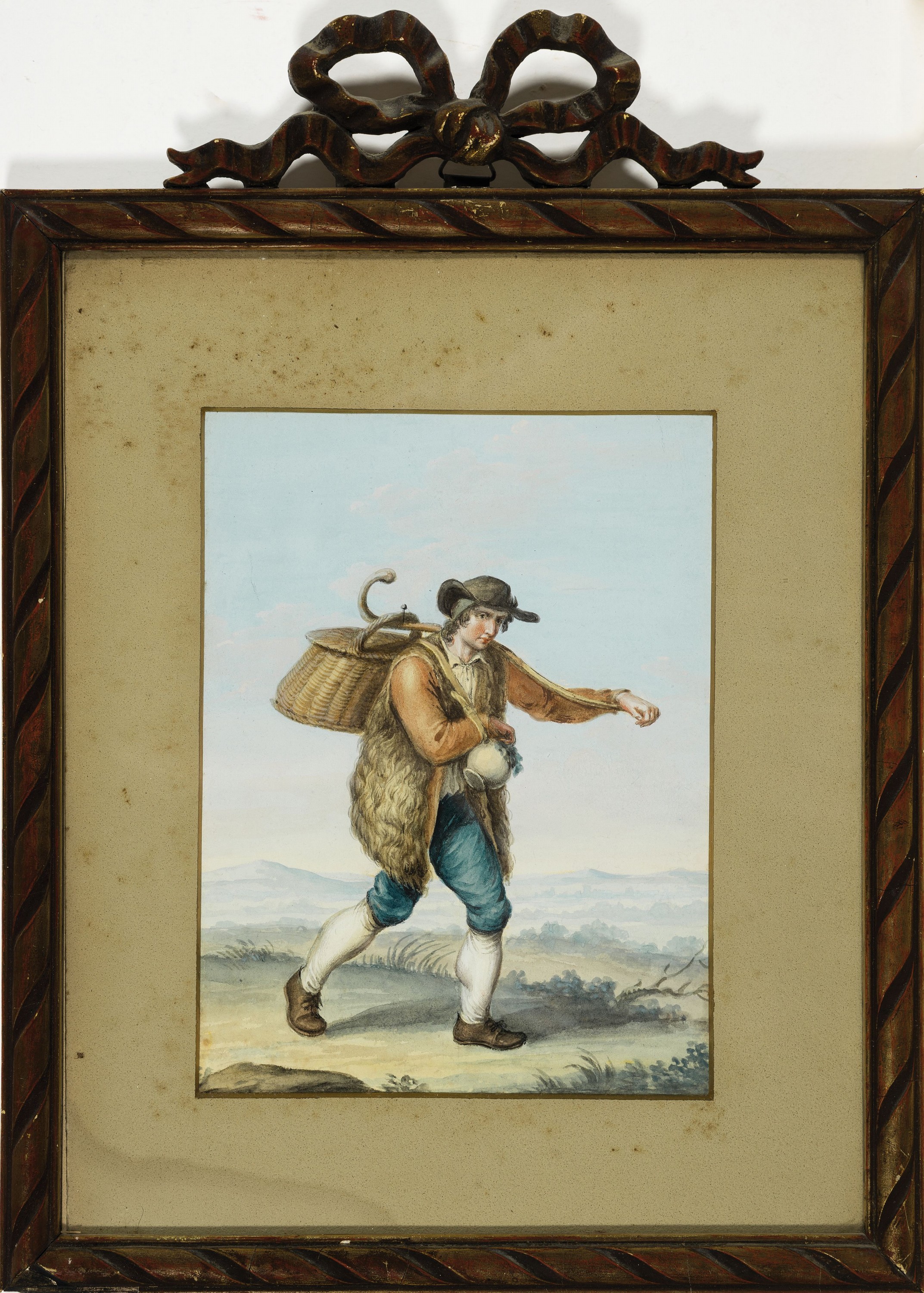 Detail l: Unbekannter Künstler Anfang des 19.Jh., 2 Aquarelle, Trachtenbilder, Bauer mit Fellmantel und Hotte, Weinbäuerin mit Traubenkorb und kleinem Kind, ...