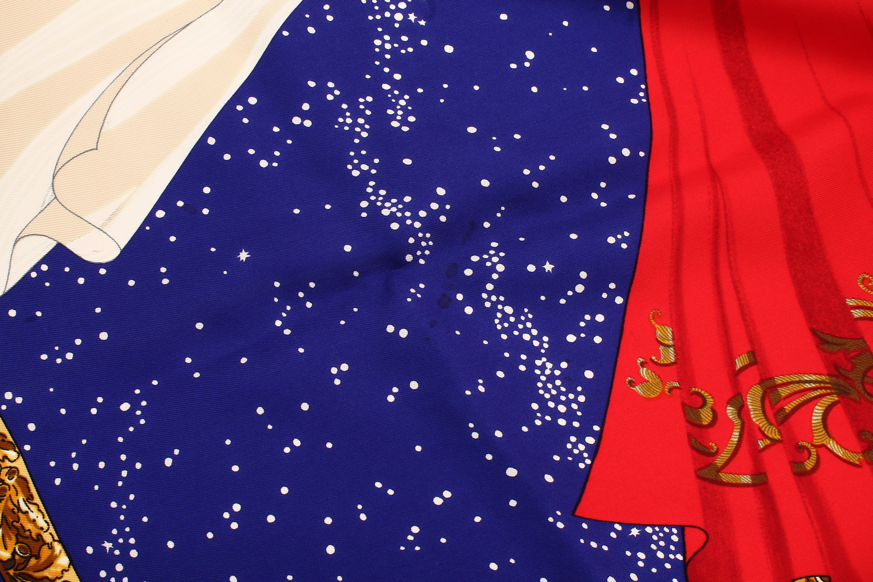 Detail a: HERMES Carree "Souvenirs de Paris", 100% Seide, Made in France, Darstellung zweier verknoteter Vorhänge, Sternenhimmel mit Eifelturm, ...