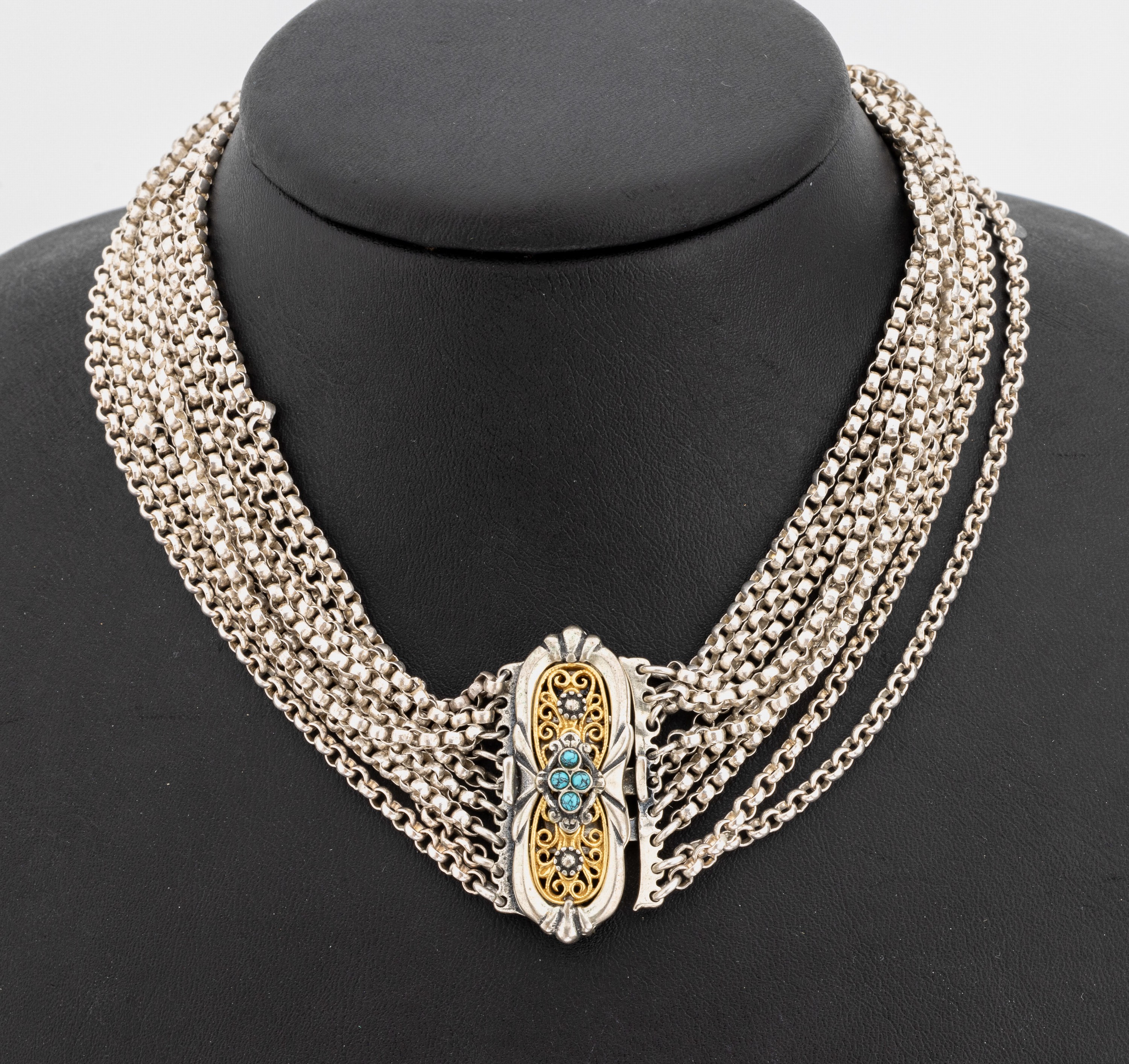 Trachten-Collier, süddeutsch, um 1910-20, 835er Silber, 9-rhg, Mittelteil teilverg., mitkl. Türkis-Cabochons, Kastenschloss, L. ca. 33cm, ca. 68.5 ...