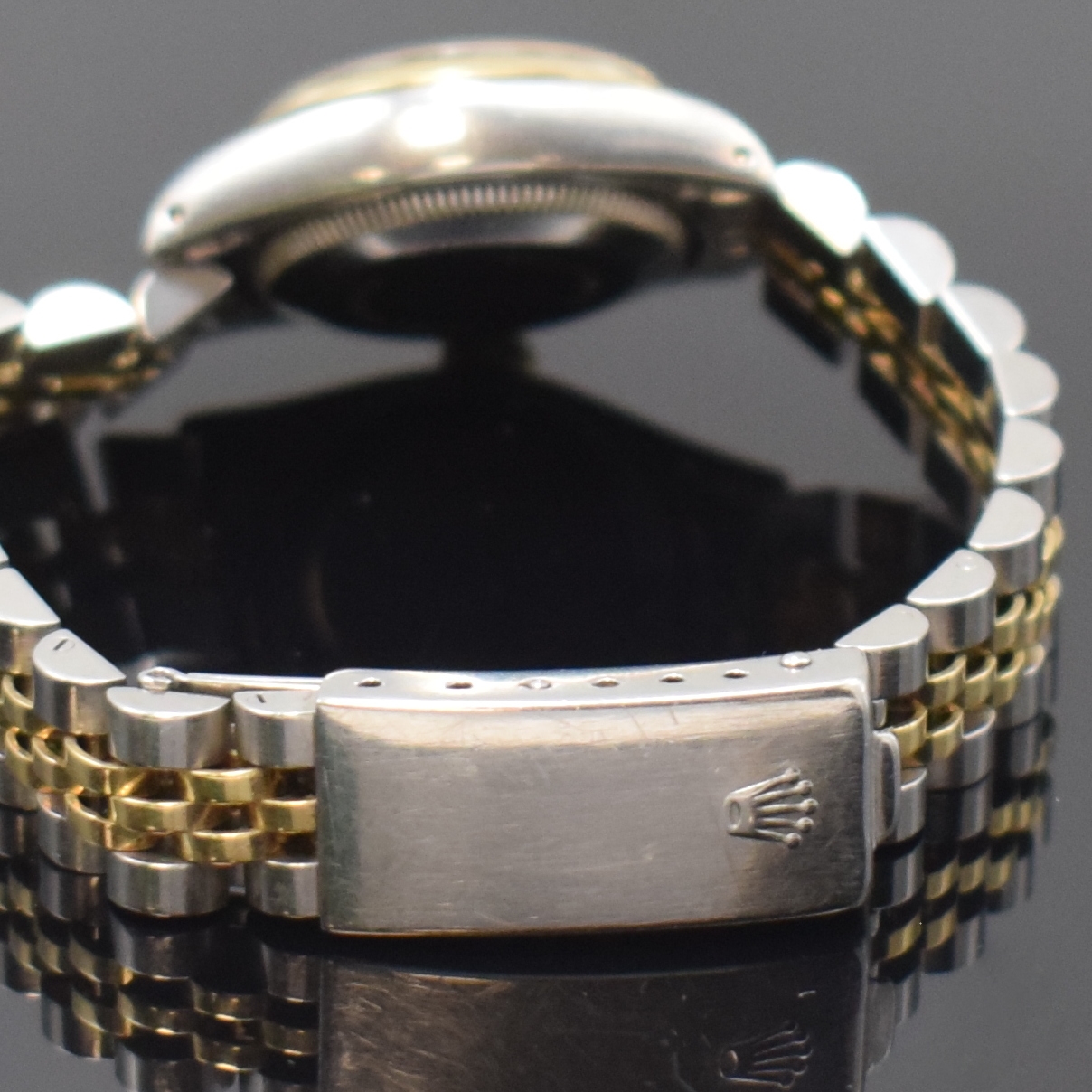 Detail b: ROLEX Oyster Perpetual Date Damenarmbanduhr Referenz 6916, Schweiz um 1979, Automatik, Edelstahl/Gold komb., Jubileeband m. Faltschl., Boden u. Krone ...