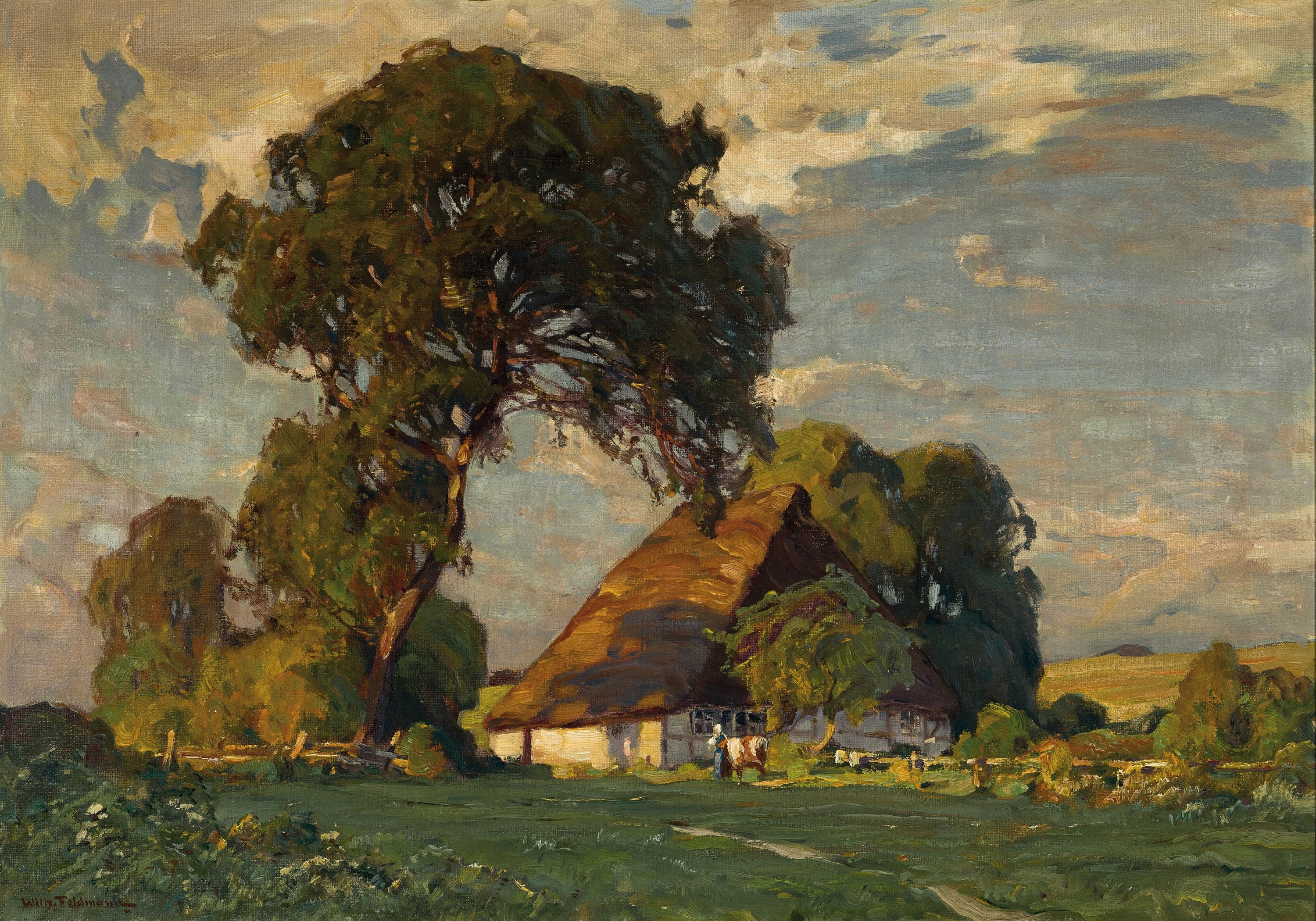 Wilhelm Feldmann, 1859 Lüneburg-1932 Lübeck, Norddeutsches Bauerngehöft, Öl/Lwd, links unten signiert, rückseitig betitelt: Kate in der ...