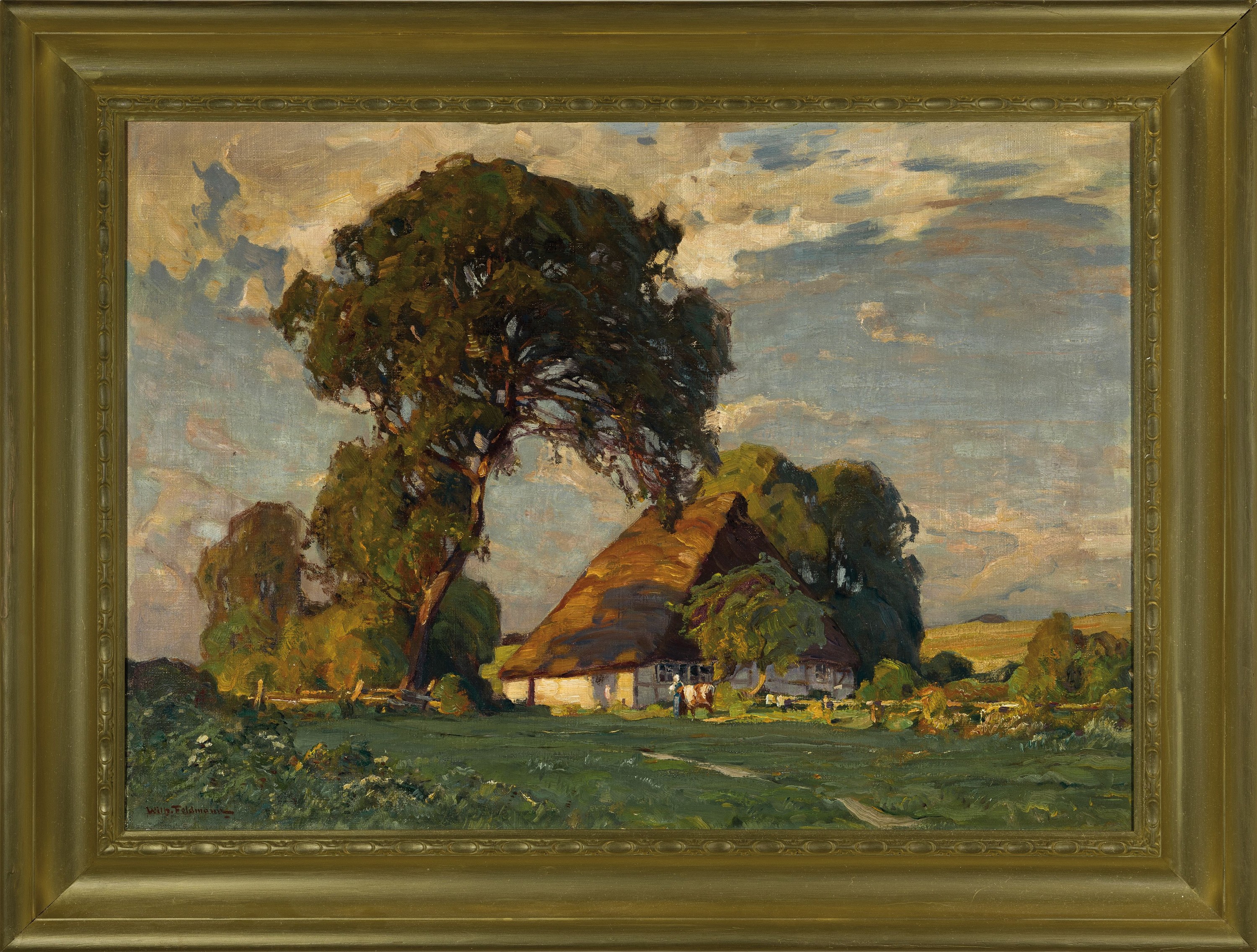 Detail k: Wilhelm Feldmann, 1859 Lüneburg-1932 Lübeck, Norddeutsches Bauerngehöft, Öl/Lwd, links unten signiert, rückseitig betitelt: Kate in der ...