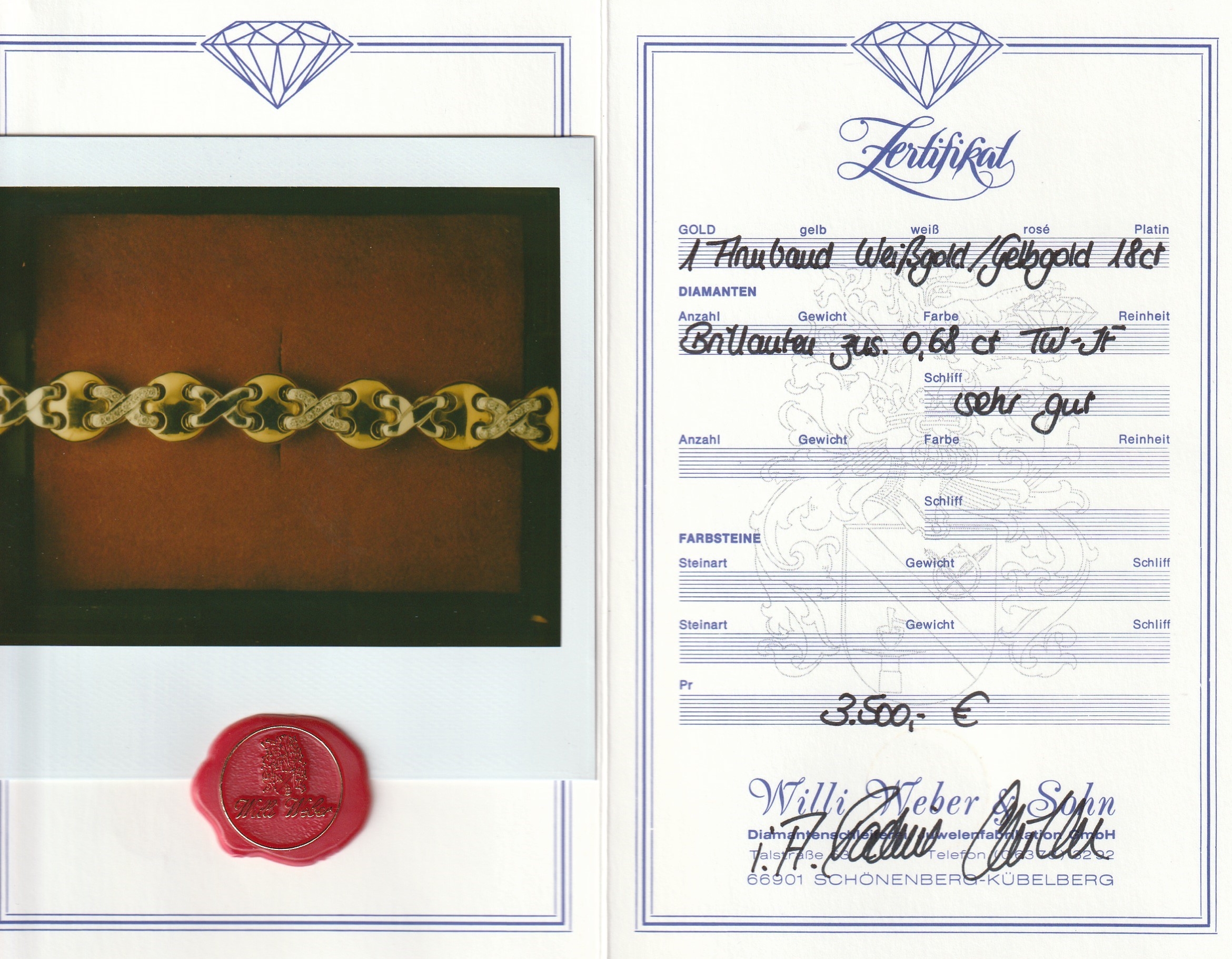Detail a: 18 kt Gold Brillant-Armband, GG/WG 750/000,runde GG Glieder, gekreuzte WG-Glieder mit 78 Brillanten zus. ca. 0.68 ct (grav.) feines Weiß/lr, L. ca. ...