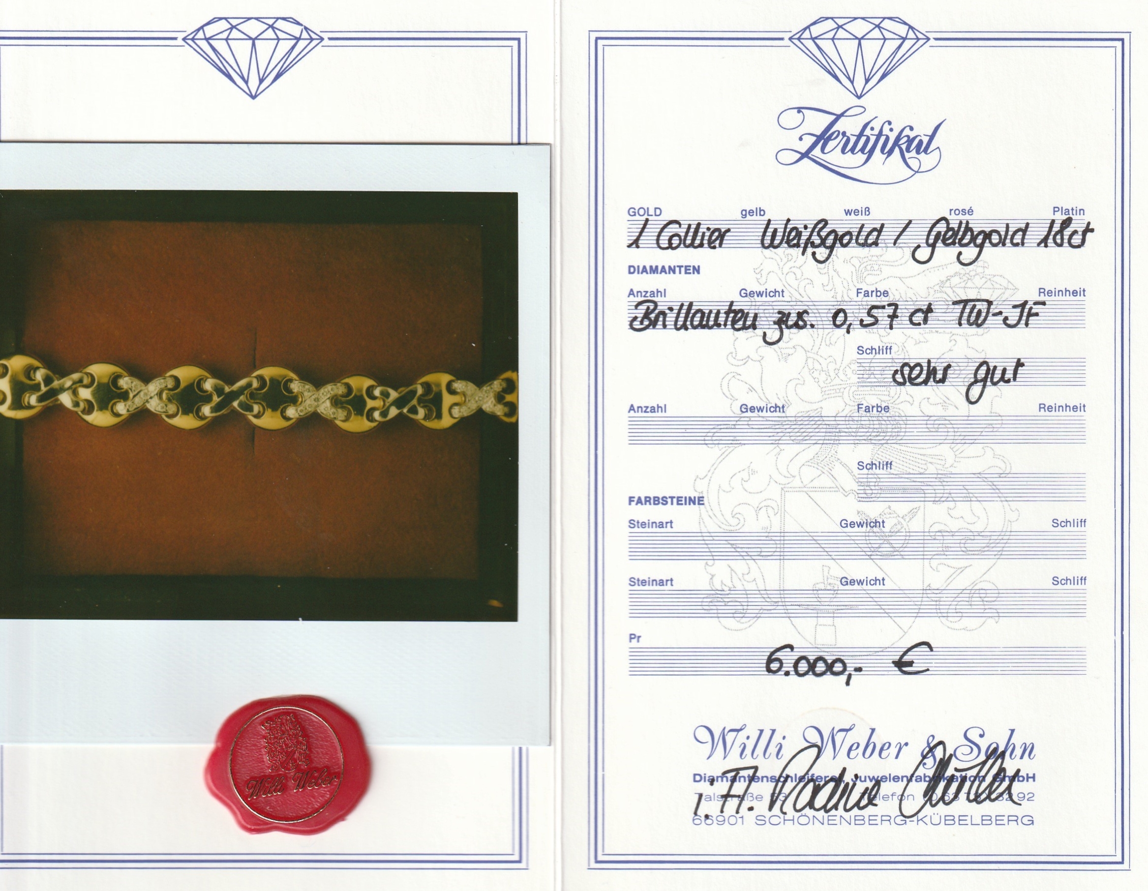 Detail a: 18 kt Gold Brillant-Collier, GG/WG 750/000,runde GG Glieder, gekreuzte WG-Glieder mit insg. 91 Brillanten zus. ca. 0.57 ct feines Weiß/lupenrein, ...