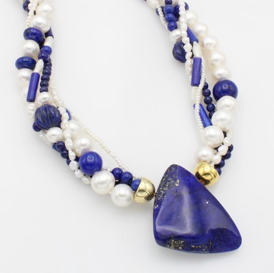 Image 26880998 - 5 reihige Süßwasserzuchtperlenkette mit Lapislazuli, Endkappen 925er Silber ...