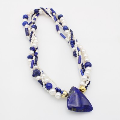 26880998a - 5 reihige Süßwasserzuchtperlenkette mit Lapislazuli, Endkappen 925er Silber ...