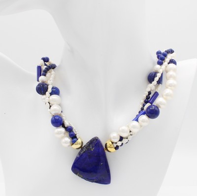 26880998b - 5 reihige Süßwasserzuchtperlenkette mit Lapislazuli, Endkappen 925er Silber ...