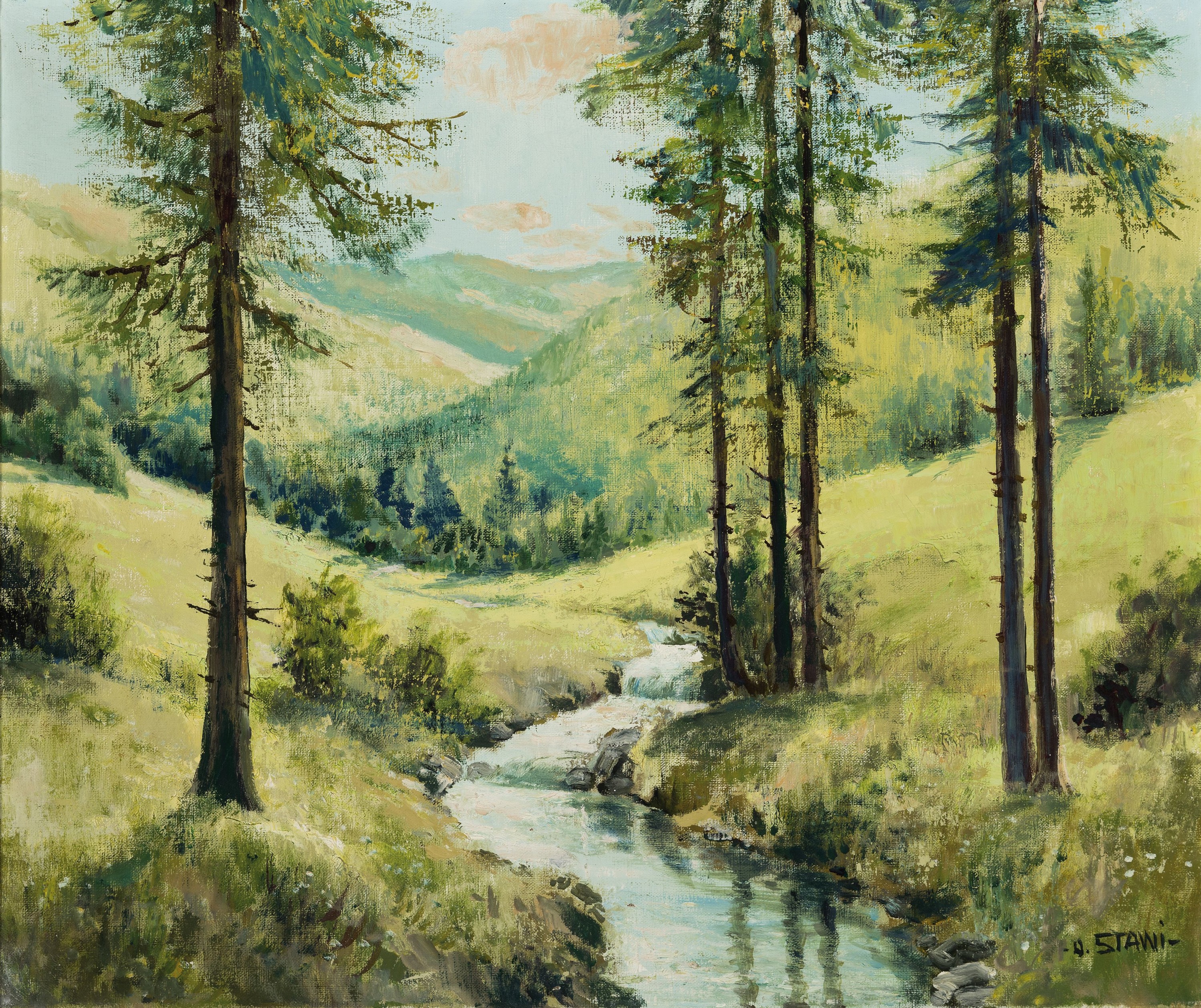 Otto Stawi, (eigetlich Ottomar Stawinoga), 1924 Beuthen-1980 Karlsruhe, Schwarzwaldlandschaft, Bachlauf im Tal, rechts unten signiert, Öl/Lwd, 50x60 ...