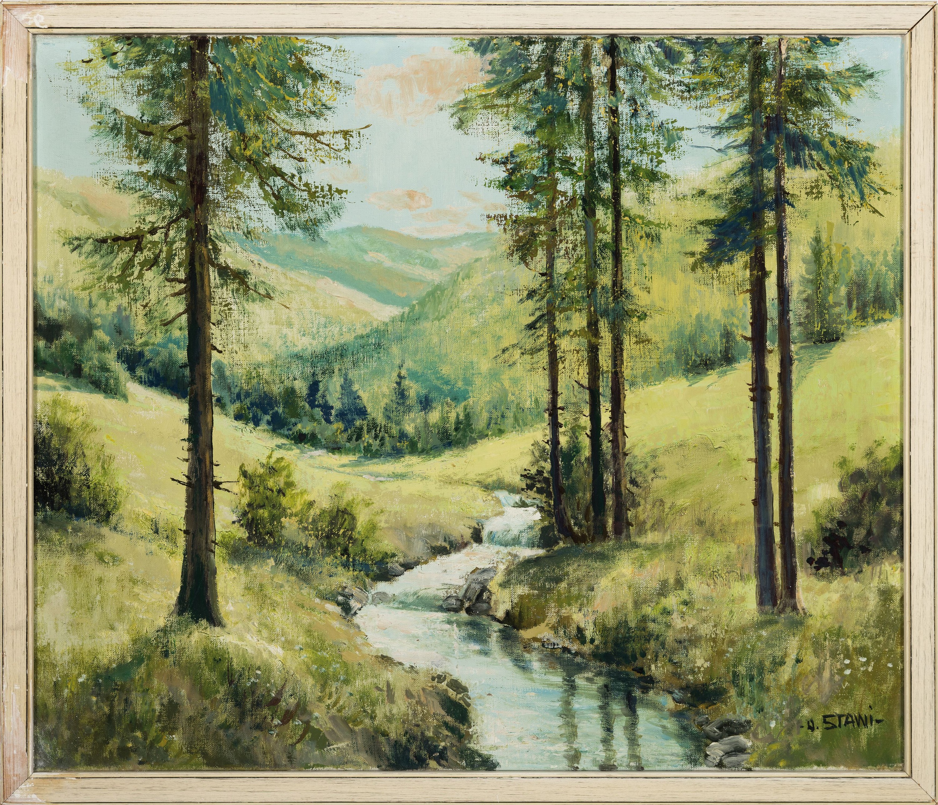Detail k: Otto Stawi, (eigetlich Ottomar Stawinoga), 1924 Beuthen-1980 Karlsruhe, Schwarzwaldlandschaft, Bachlauf im Tal, rechts unten signiert, Öl/Lwd, 50x60 ...