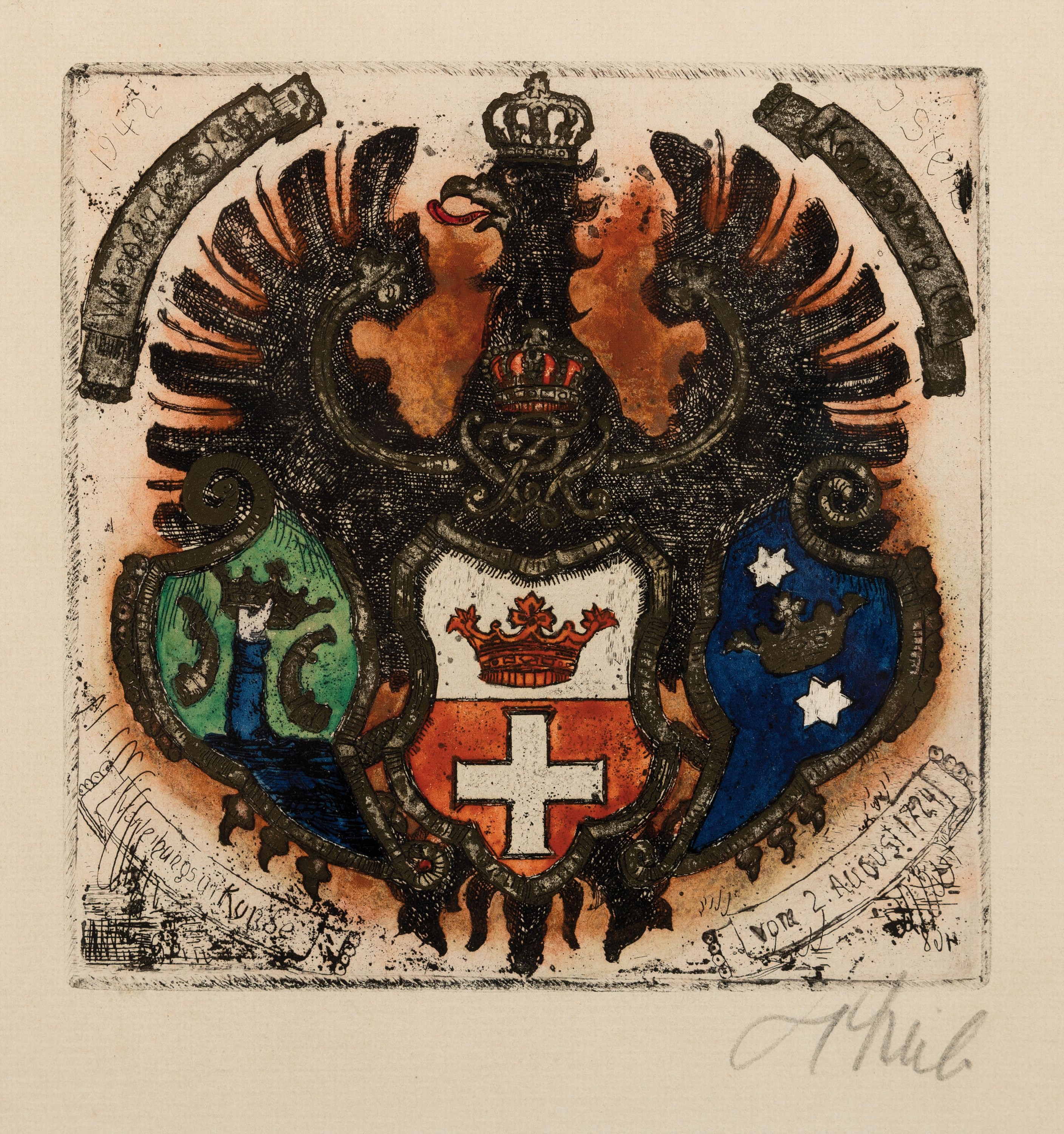 Josef Steib, 1913-2004, 6 Kaltnadel- Radierungen verschiedener Wappen, teils mit Goldstaffage, alle handsign., je ca. 16x16cm, u.Gl., R. ca. 26x25cm, ...