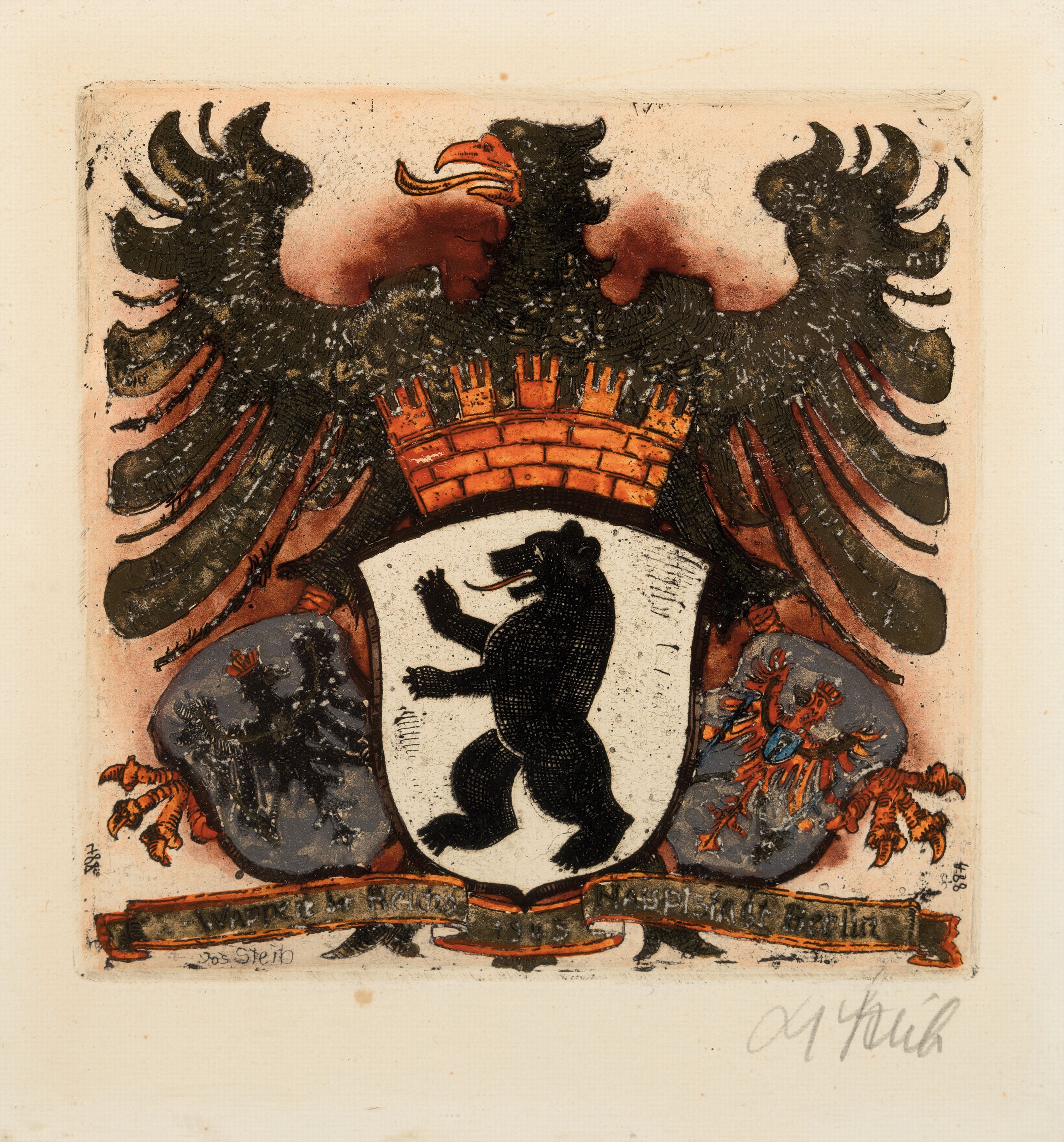 Detail a: Josef Steib, 1913-2004, 6 Kaltnadel- Radierungen verschiedener Wappen, teils mit Goldstaffage, alle handsign., je ca. 16x16cm, u.Gl., R. ca. 26x25cm, ...