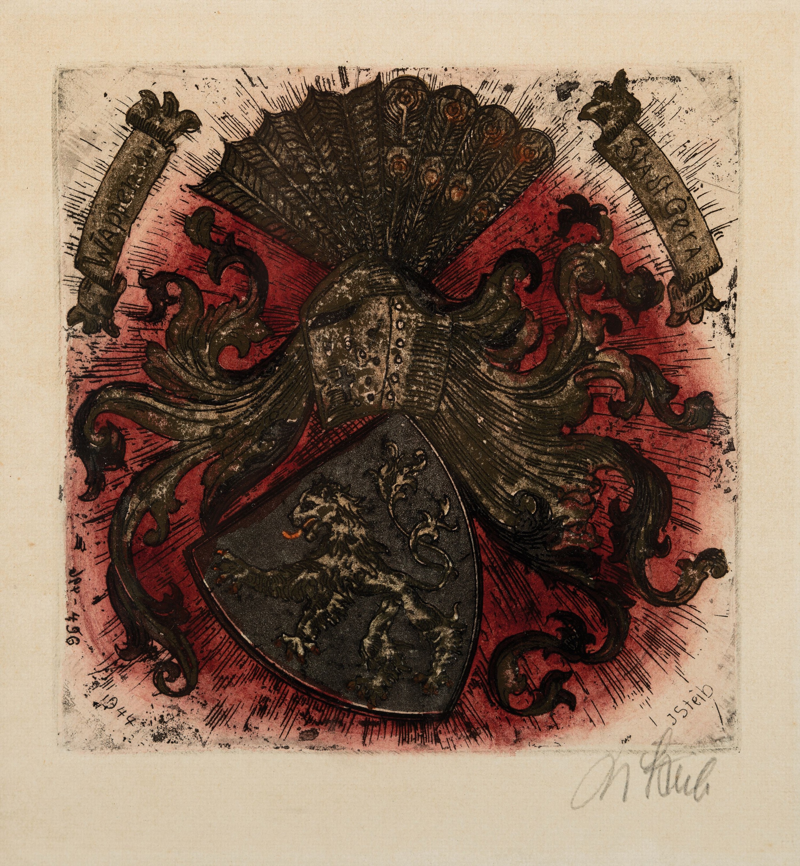 Detail b: Josef Steib, 1913-2004, 6 Kaltnadel- Radierungen verschiedener Wappen, teils mit Goldstaffage, alle handsign., je ca. 16x16cm, u.Gl., R. ca. 26x25cm, ...