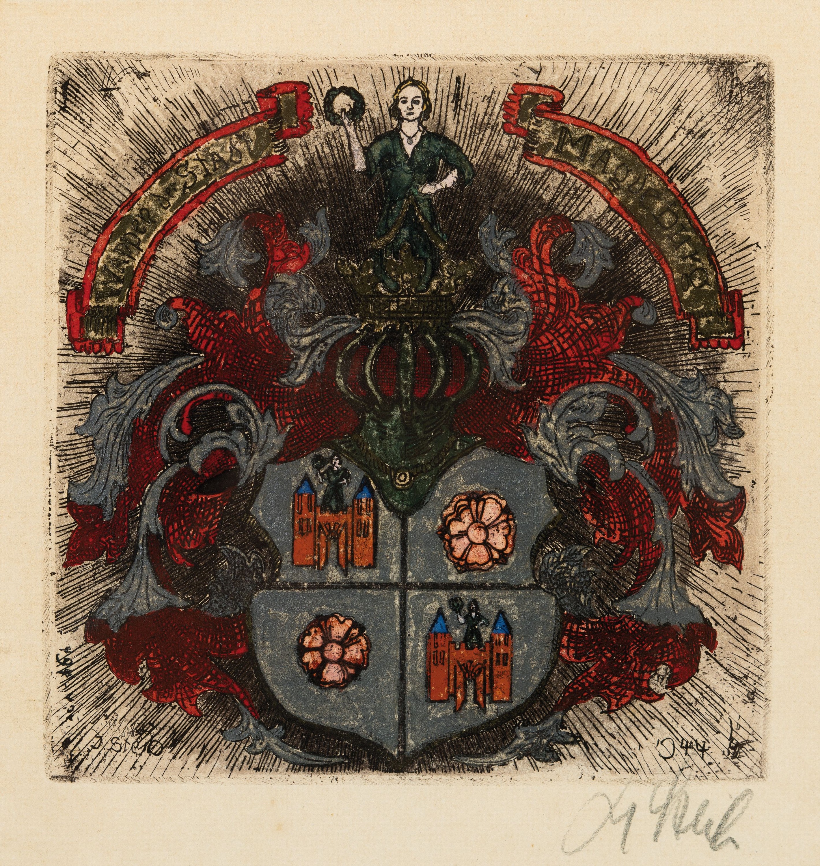 Detail c: Josef Steib, 1913-2004, 6 Kaltnadel- Radierungen verschiedener Wappen, teils mit Goldstaffage, alle handsign., je ca. 16x16cm, u.Gl., R. ca. 26x25cm, ...