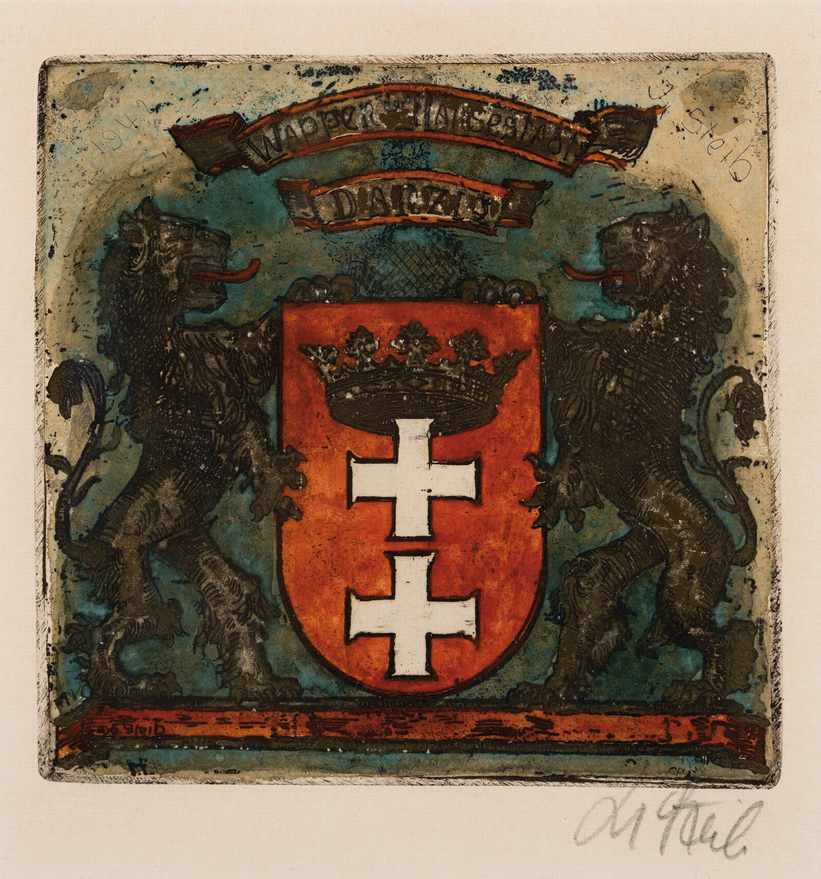Detail d: Josef Steib, 1913-2004, 6 Kaltnadel- Radierungen verschiedener Wappen, teils mit Goldstaffage, alle handsign., je ca. 16x16cm, u.Gl., R. ca. 26x25cm, ...
