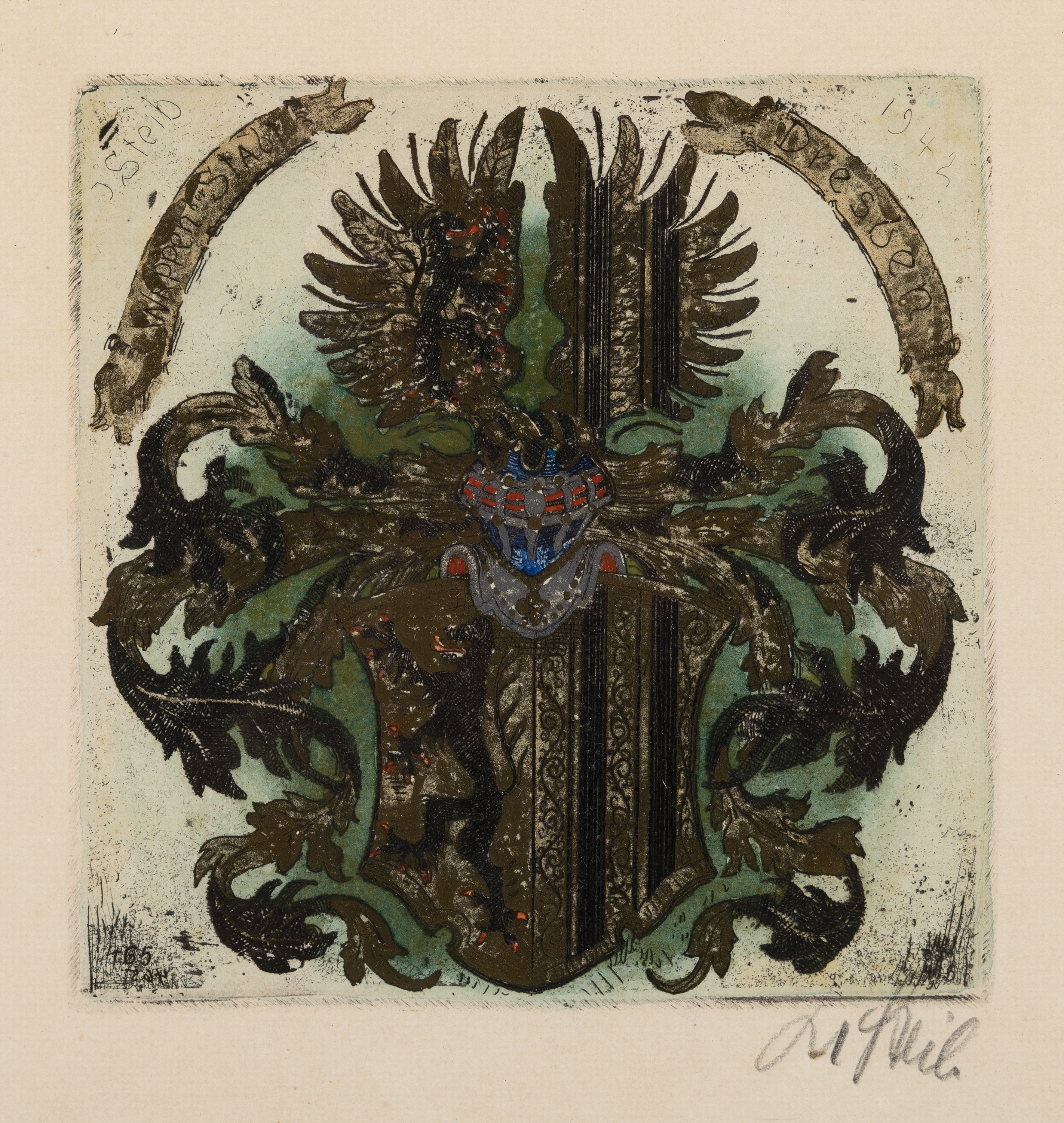 Detail e: Josef Steib, 1913-2004, 6 Kaltnadel- Radierungen verschiedener Wappen, teils mit Goldstaffage, alle handsign., je ca. 16x16cm, u.Gl., R. ca. 26x25cm, ...