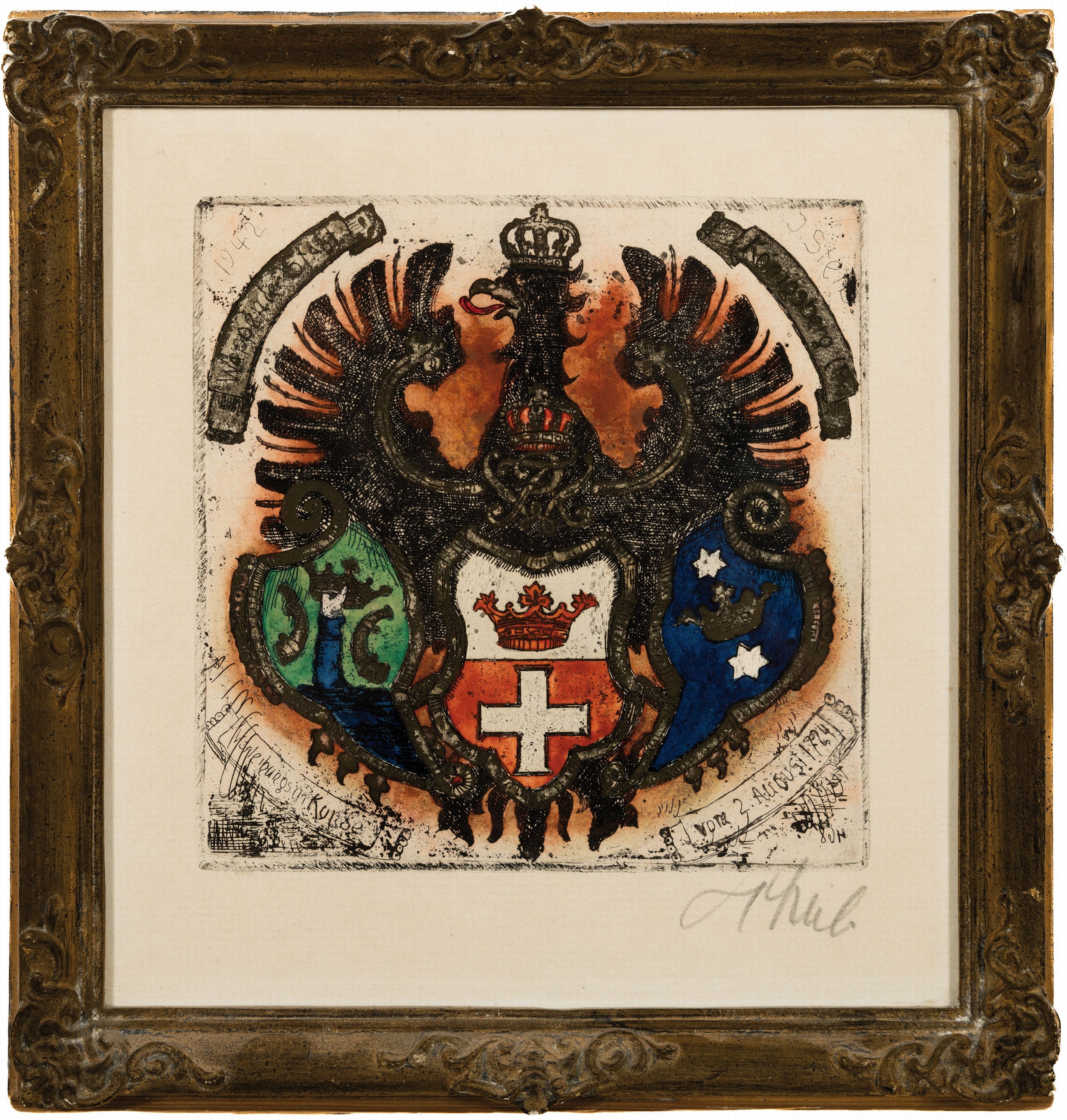 Detail k: Josef Steib, 1913-2004, 6 Kaltnadel- Radierungen verschiedener Wappen, teils mit Goldstaffage, alle handsign., je ca. 16x16cm, u.Gl., R. ca. 26x25cm, ...
