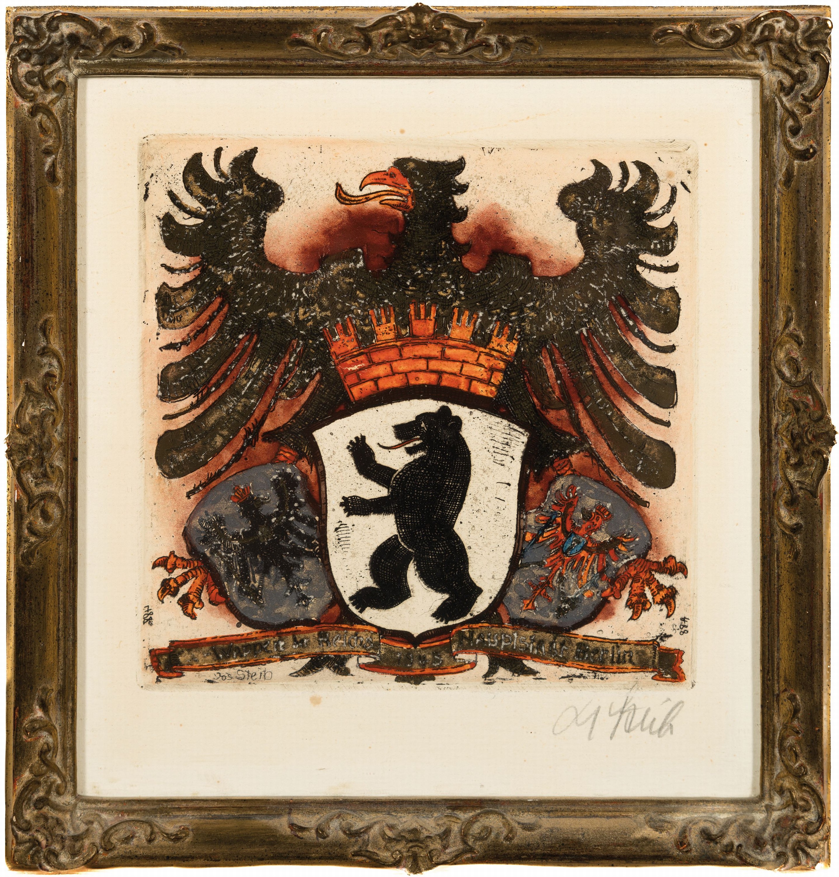 Detail l: Josef Steib, 1913-2004, 6 Kaltnadel- Radierungen verschiedener Wappen, teils mit Goldstaffage, alle handsign., je ca. 16x16cm, u.Gl., R. ca. 26x25cm, ...