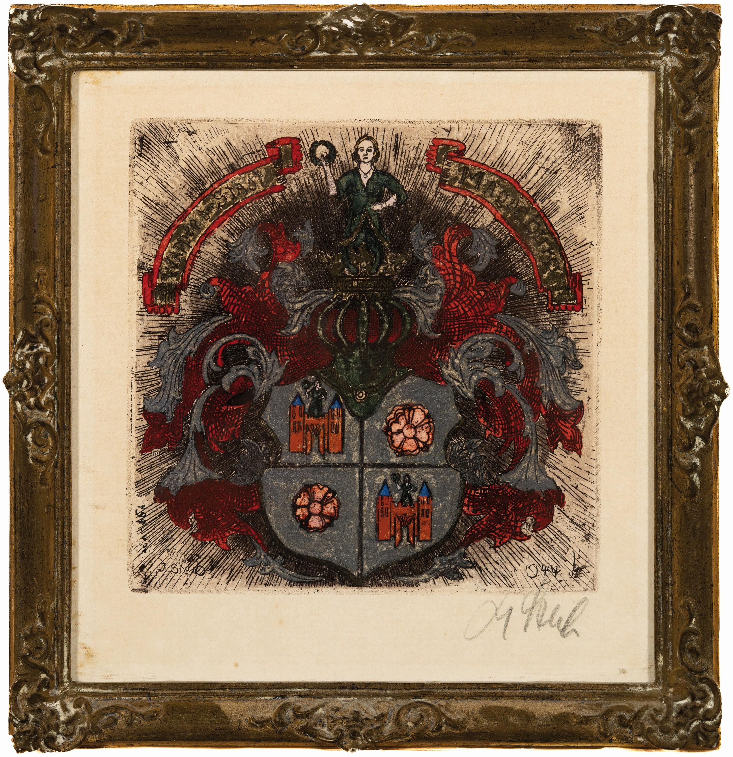 Detail n: Josef Steib, 1913-2004, 6 Kaltnadel- Radierungen verschiedener Wappen, teils mit Goldstaffage, alle handsign., je ca. 16x16cm, u.Gl., R. ca. 26x25cm, ...