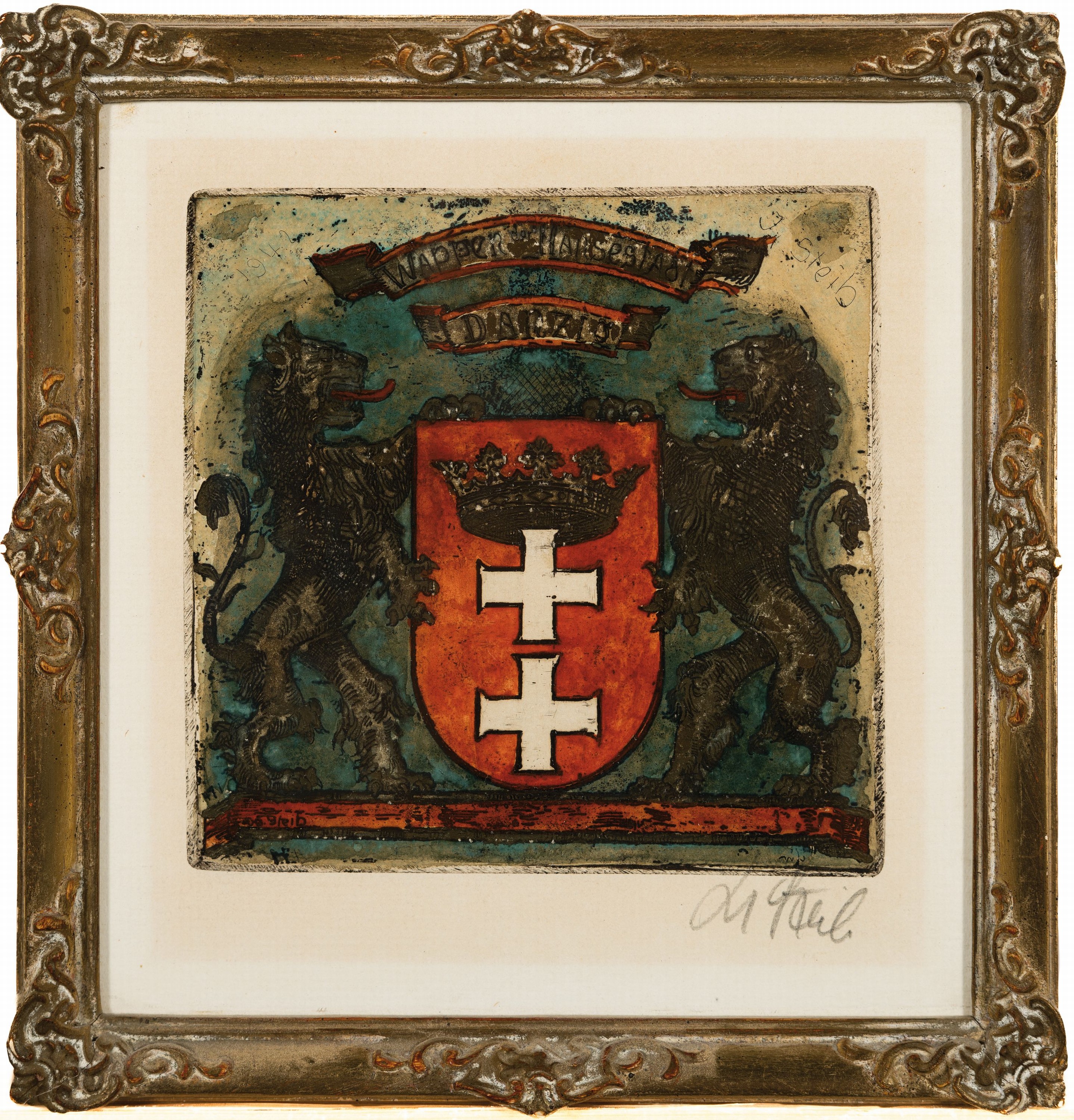 Detail o: Josef Steib, 1913-2004, 6 Kaltnadel- Radierungen verschiedener Wappen, teils mit Goldstaffage, alle handsign., je ca. 16x16cm, u.Gl., R. ca. 26x25cm, ...