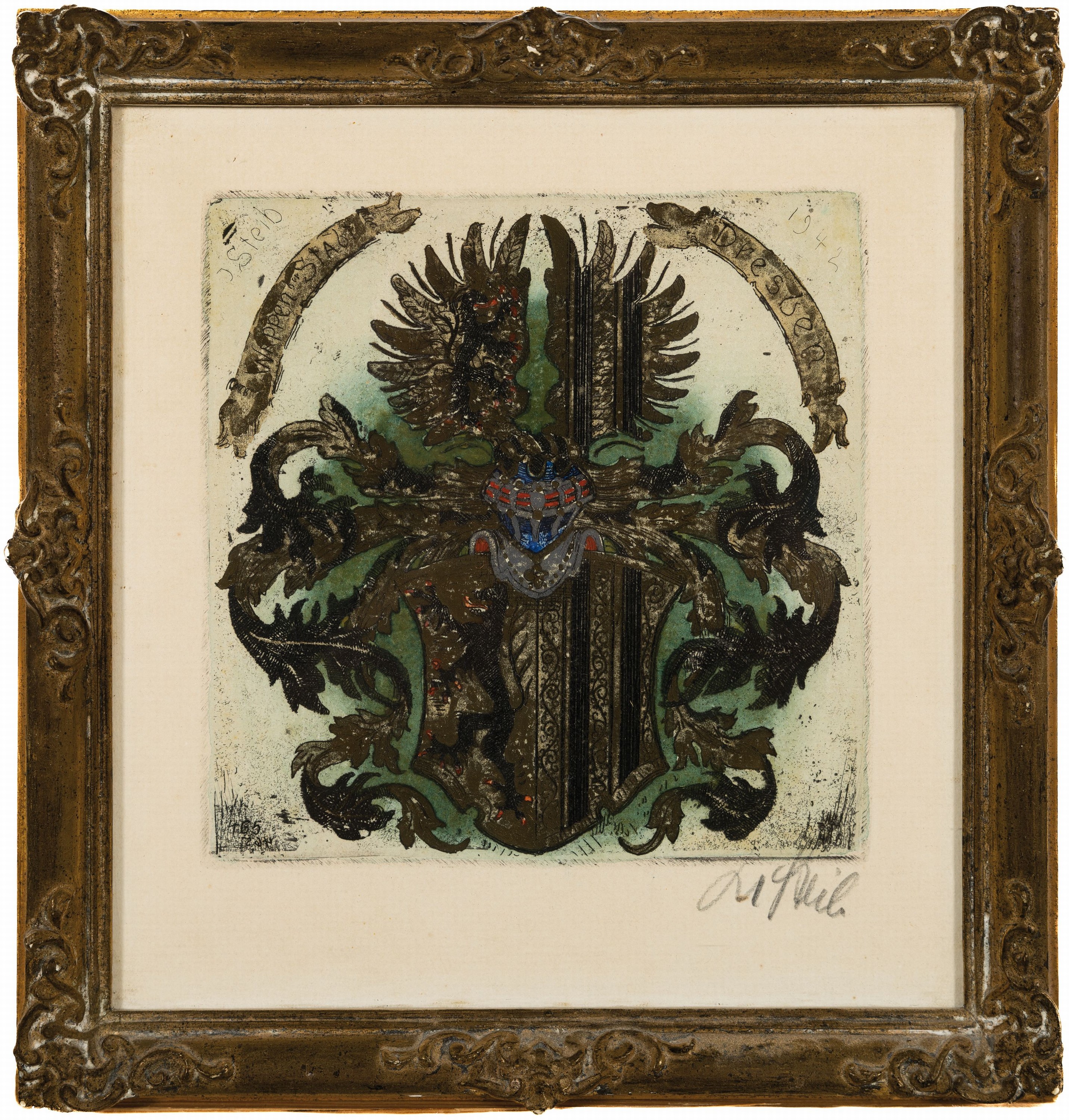 Detail p: Josef Steib, 1913-2004, 6 Kaltnadel- Radierungen verschiedener Wappen, teils mit Goldstaffage, alle handsign., je ca. 16x16cm, u.Gl., R. ca. 26x25cm, ...