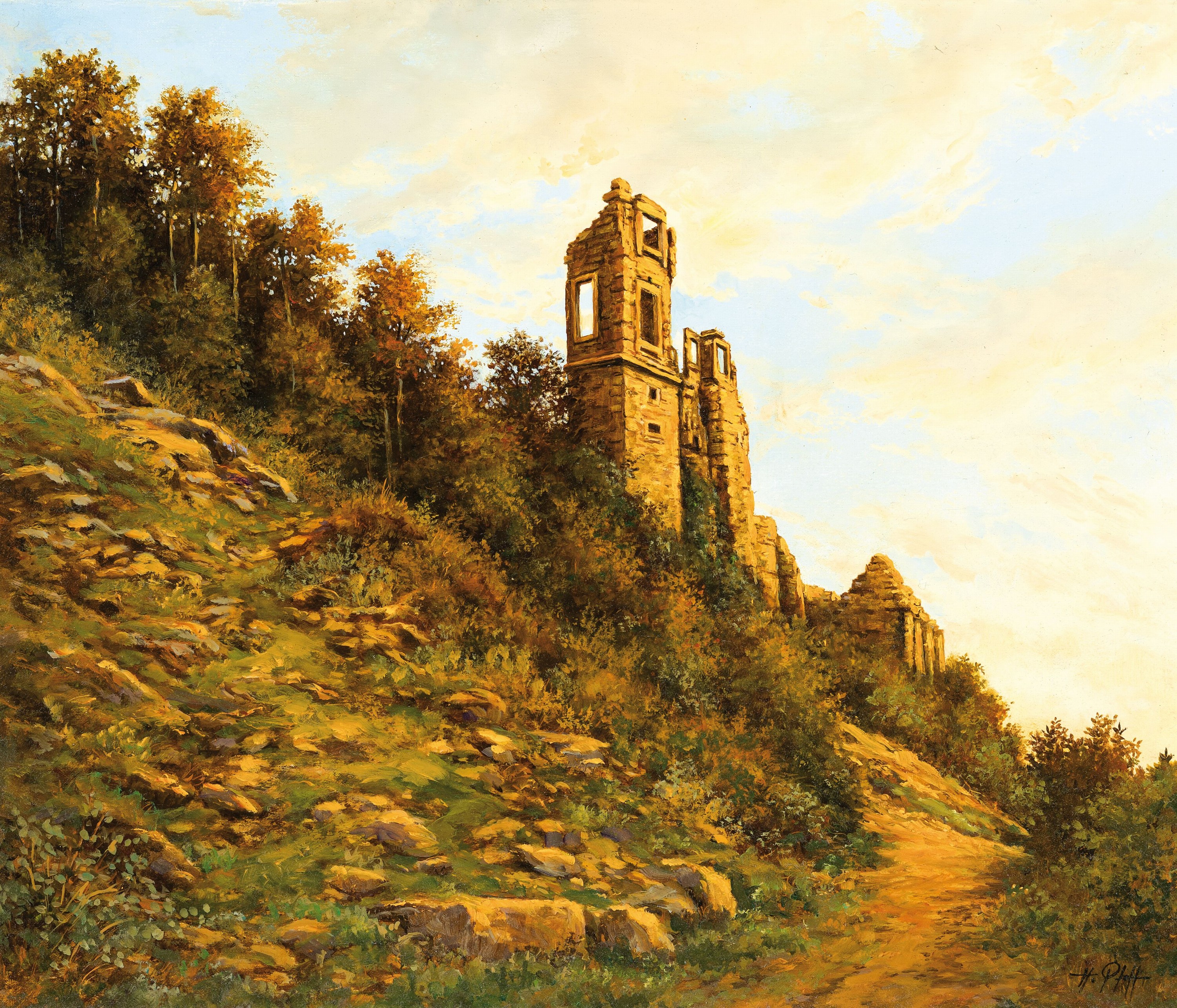 Hans Pfaff, 1939-2019, Burgruine in der Pfalz, Öl/Lwd, sign., ca. 35x40cm, R. ca. 49x55cm