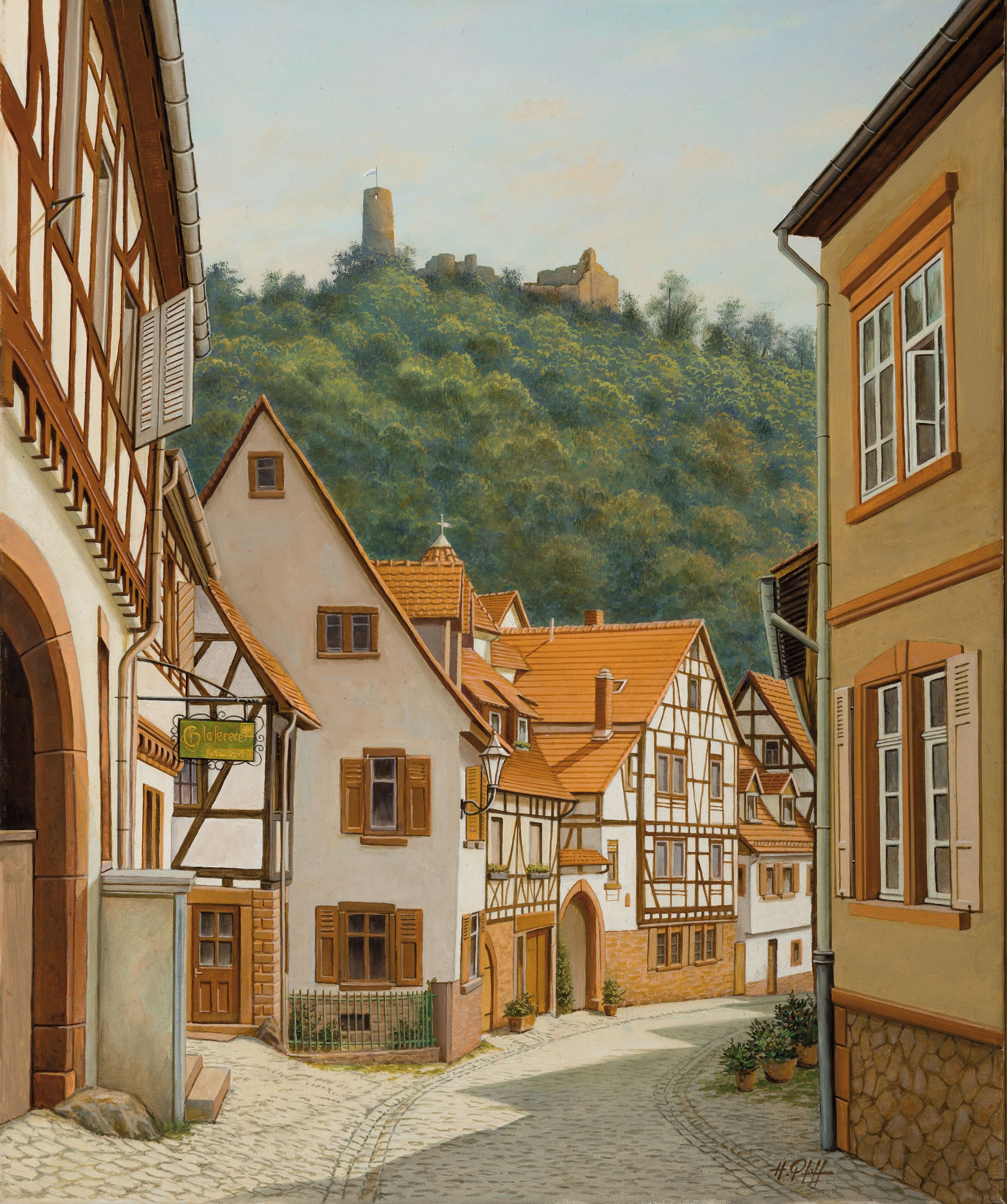Hans Pfaff, 1939-2019, Blick durch eine Straße mit Fachwerkhäusern auf eine Burgruine, Öl/Lwd, rechts unten sign., ca. 60x50cm