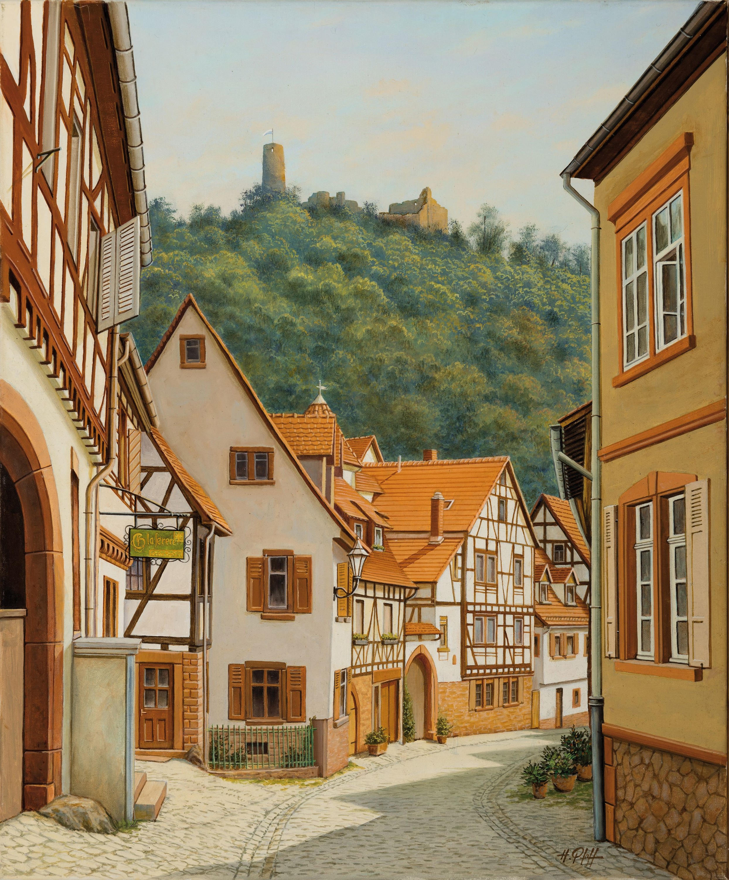 Detail k: Hans Pfaff, 1939-2019, Blick durch eine Straße mit Fachwerkhäusern auf eine Burgruine, Öl/Lwd, rechts unten sign., ca. 60x50cm