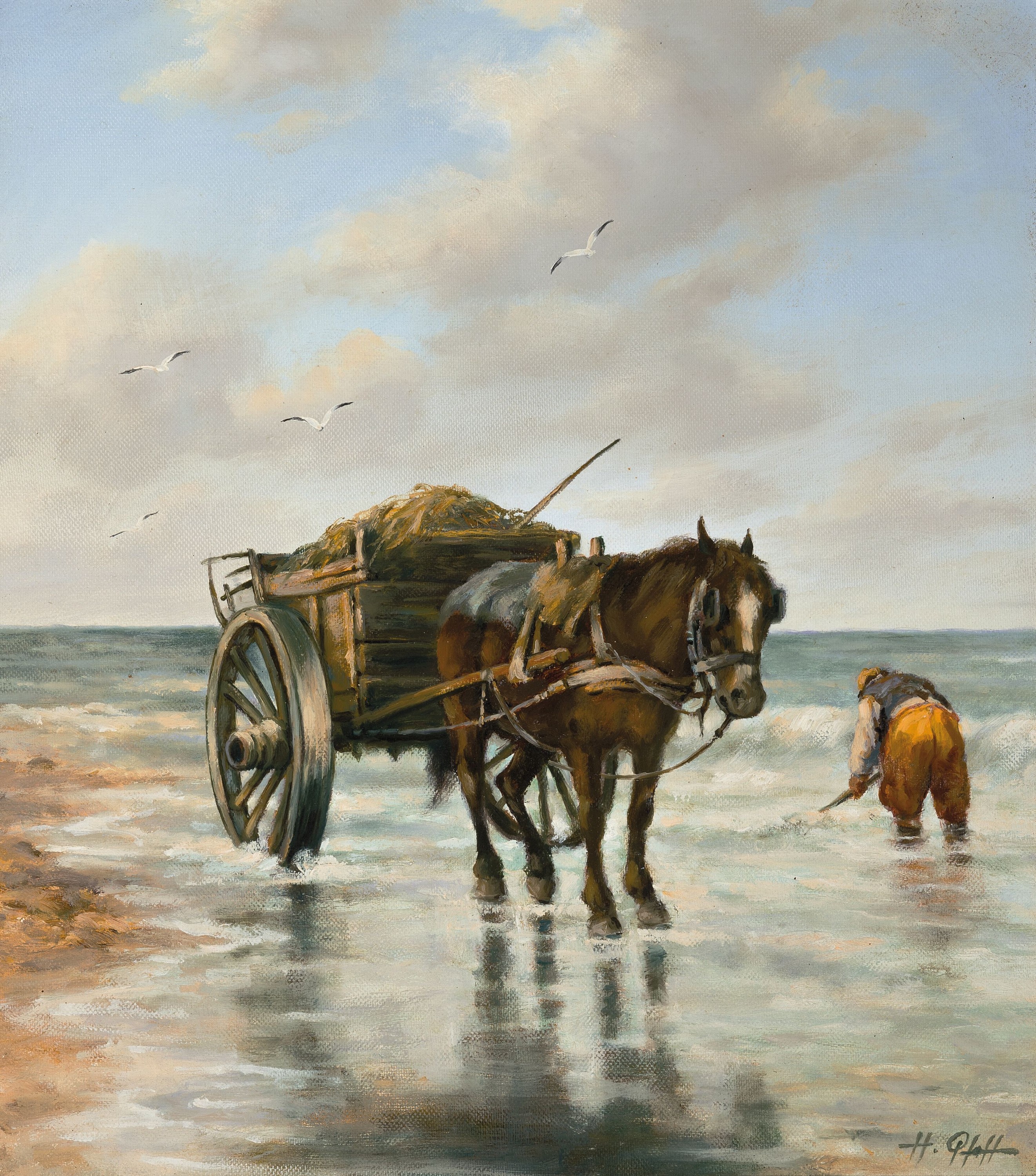 Hans Pfaff, 1939-2019, Fischer mit Pferdefuhrwerk am Strand, Öl/Lwd, rechts unten sign., ca. 40x35cm, R. ca. 54x49cm