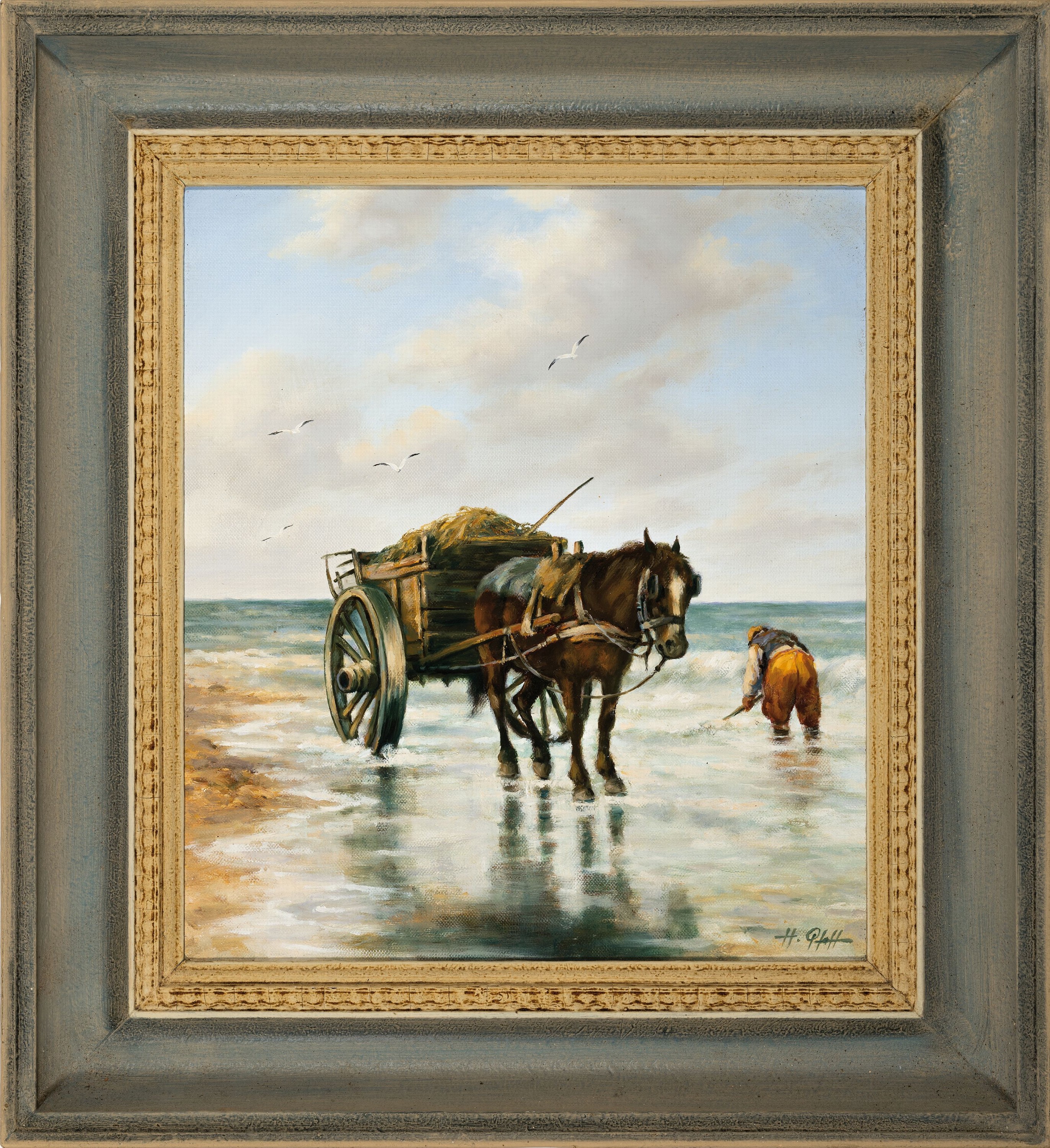 Detail k: Hans Pfaff, 1939-2019, Fischer mit Pferdefuhrwerk am Strand, Öl/Lwd, rechts unten sign., ca. 40x35cm, R. ca. 54x49cm