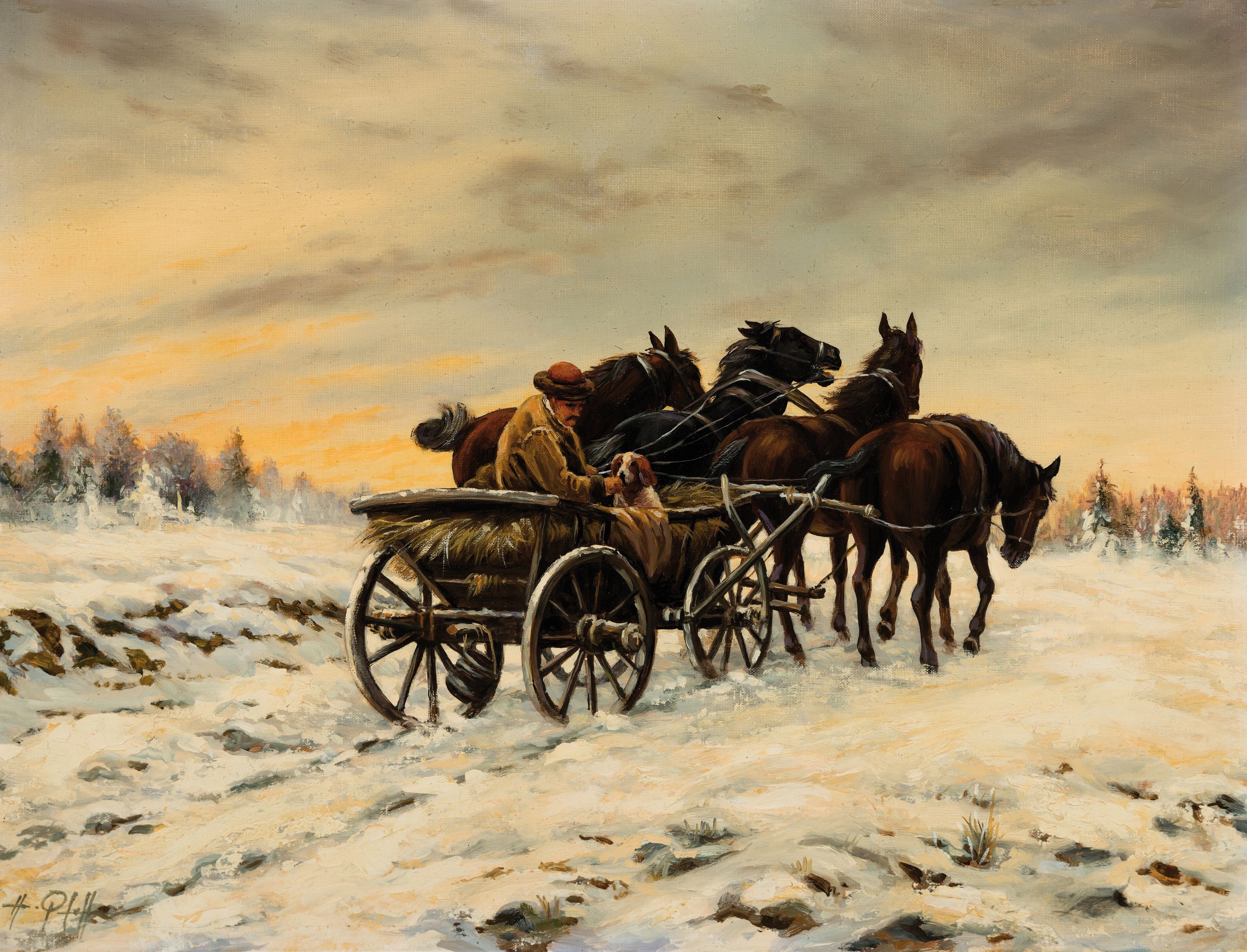 Hans Pfaff, 1939-2019, Bauer mit Hund und vierspänniger Kutsche in verschneiter Landschaft, Öl/Holz, links unten sign., ca. 30x40cm