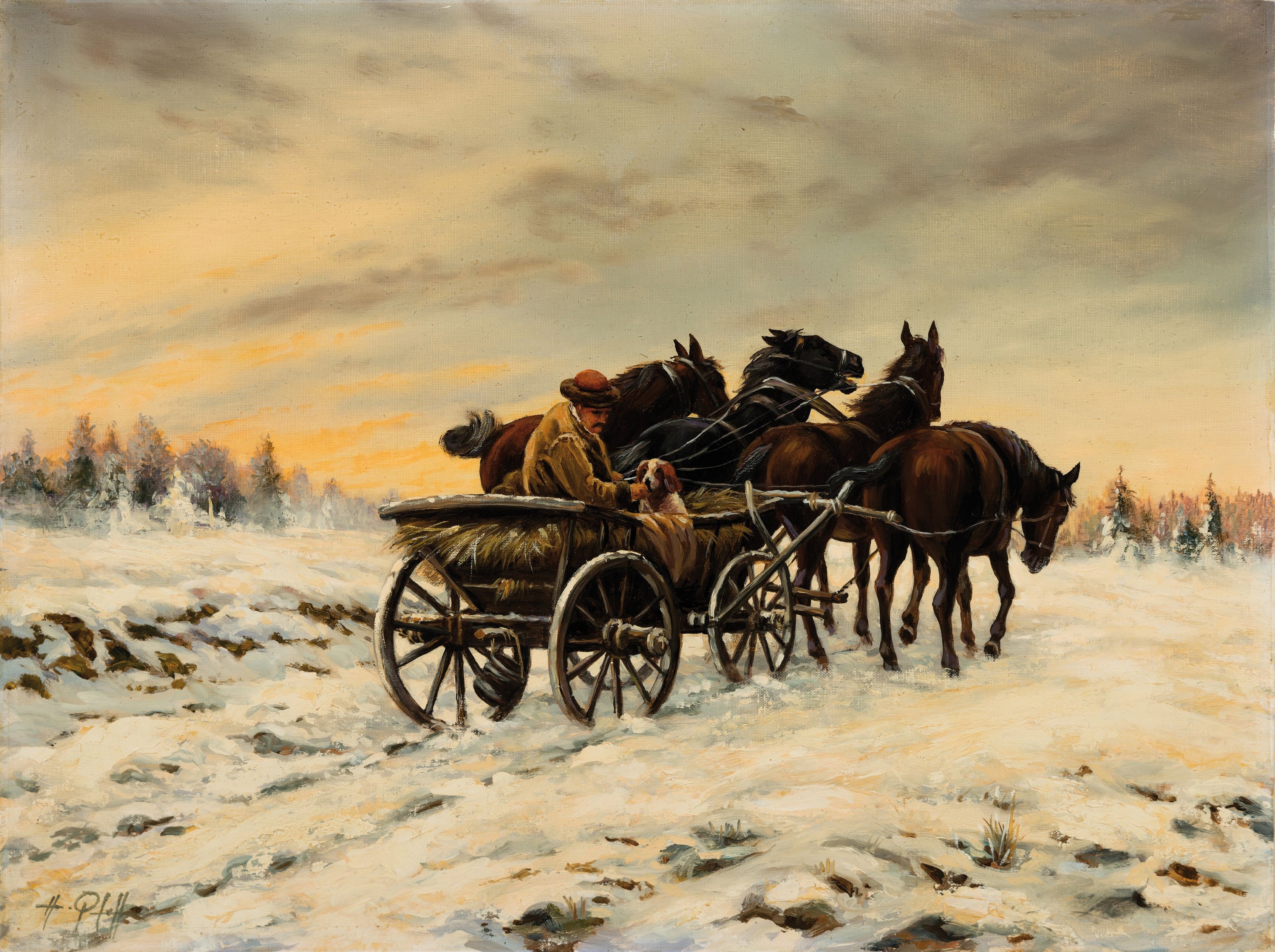 Detail k: Hans Pfaff, 1939-2019, Bauer mit Hund und vierspänniger Kutsche in verschneiter Landschaft, Öl/Holz, links unten sign., ca. 30x40cm