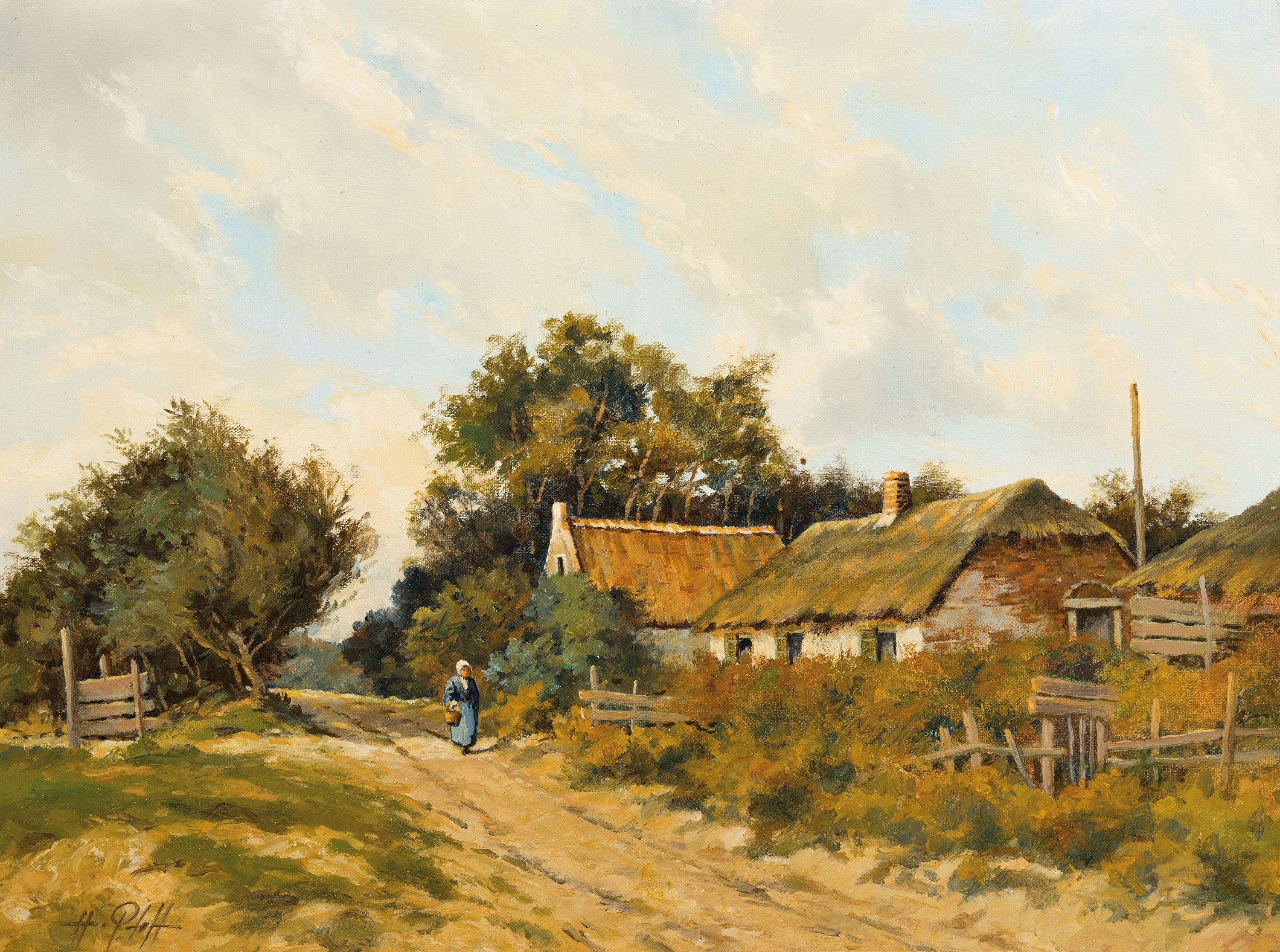 Hans Pfaff, 1939-2019, Bäuerin auf einem Weg an einem Gehöft, Öl/Lwd, links unten sign., ca. 26x35cm, R. ca. 36x44cm