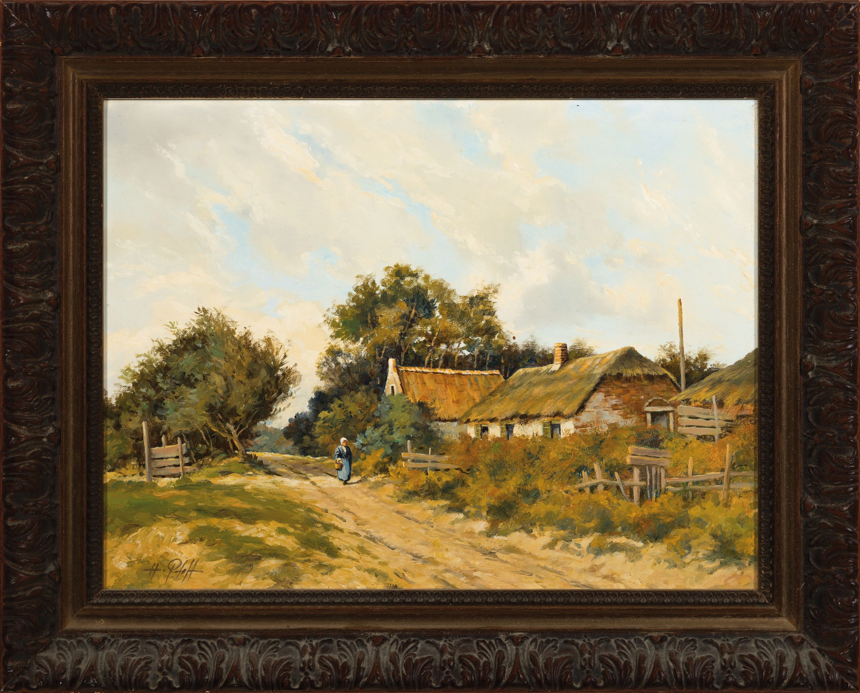 Detail k: Hans Pfaff, 1939-2019, Bäuerin auf einem Weg an einem Gehöft, Öl/Lwd, links unten sign., ca. 26x35cm, R. ca. 36x44cm